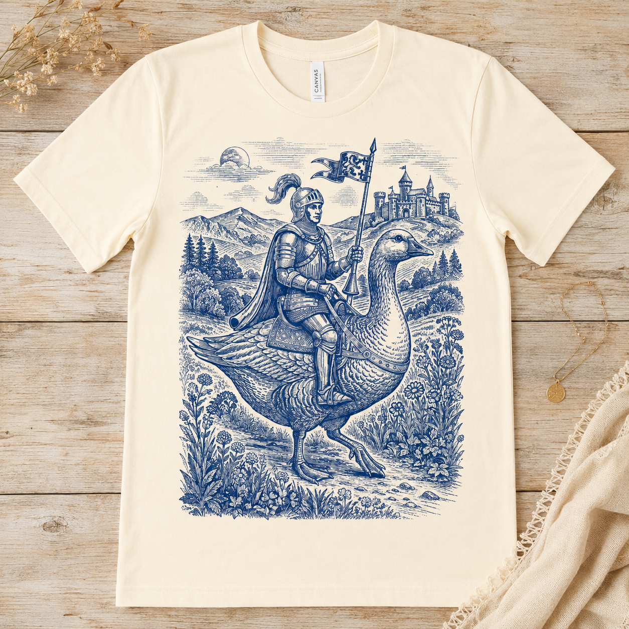 Whimsical Knight Riding Goose T-Shirt, Medieval Folk Art Tee