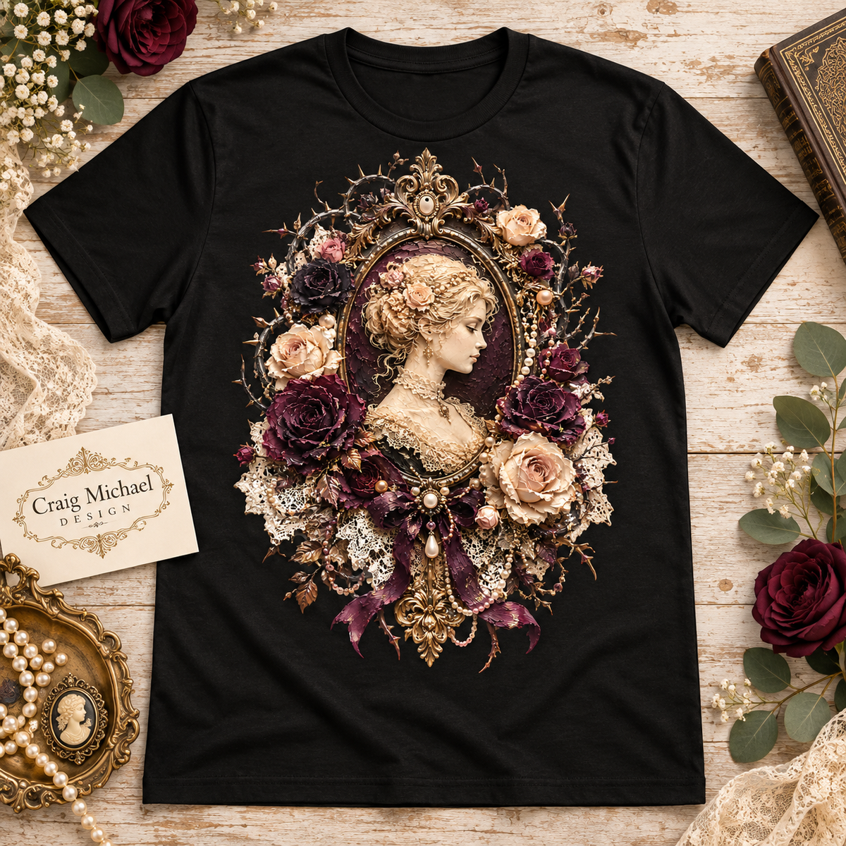 Black t-shirt with ornate oval frame featuring a woman, roses, pearls, and lace.