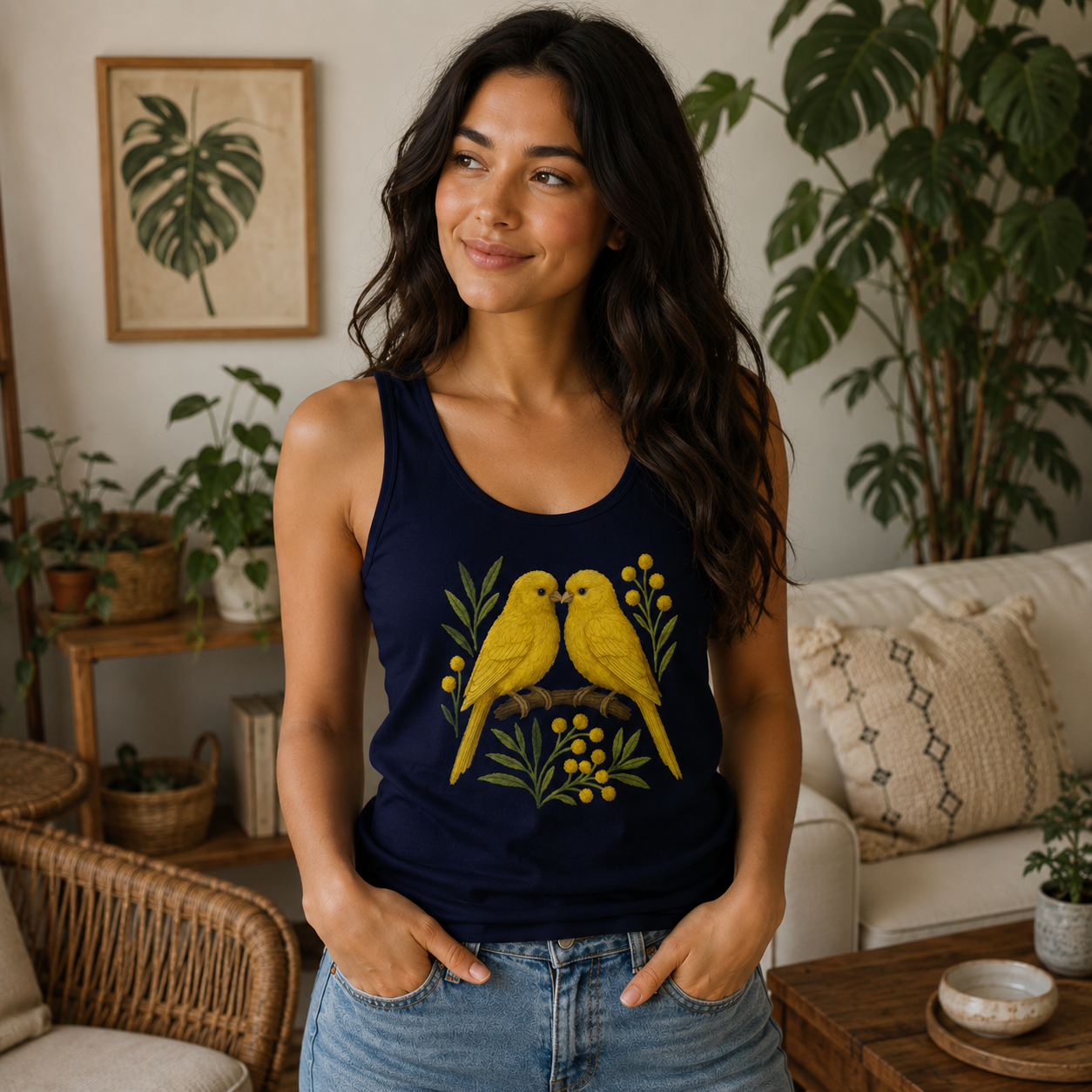 Navy tank top with yellow birds and yellow berries design.