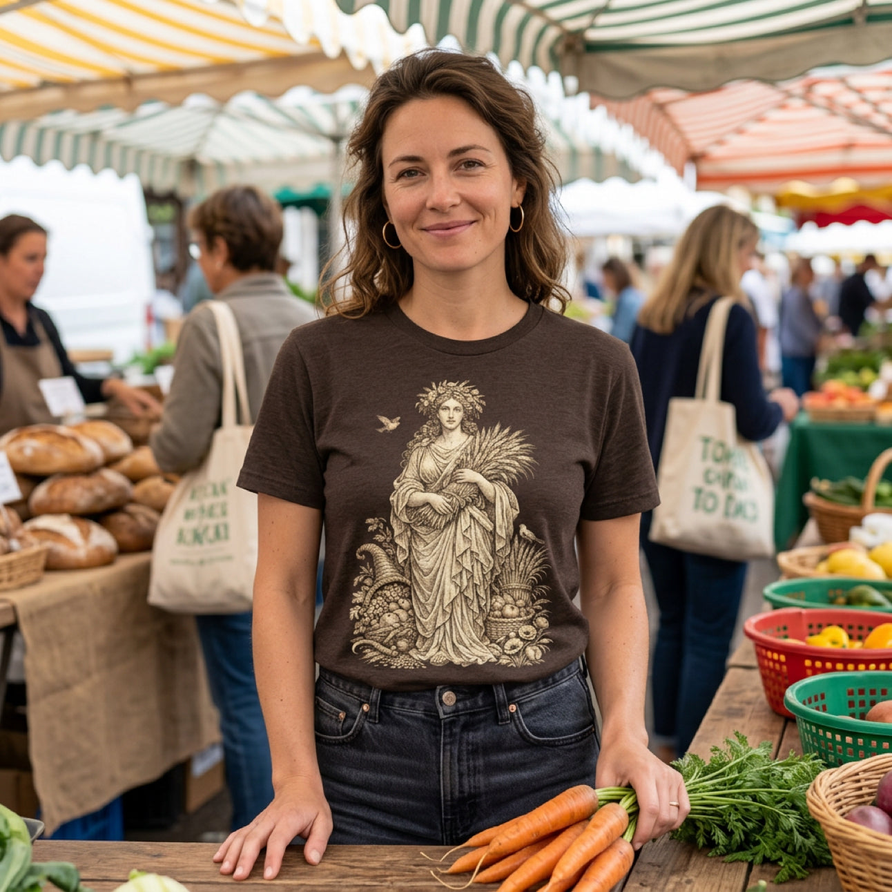 Woman wearing a brown t-shirt with a goddess graphic, holding carrots at a market stall.