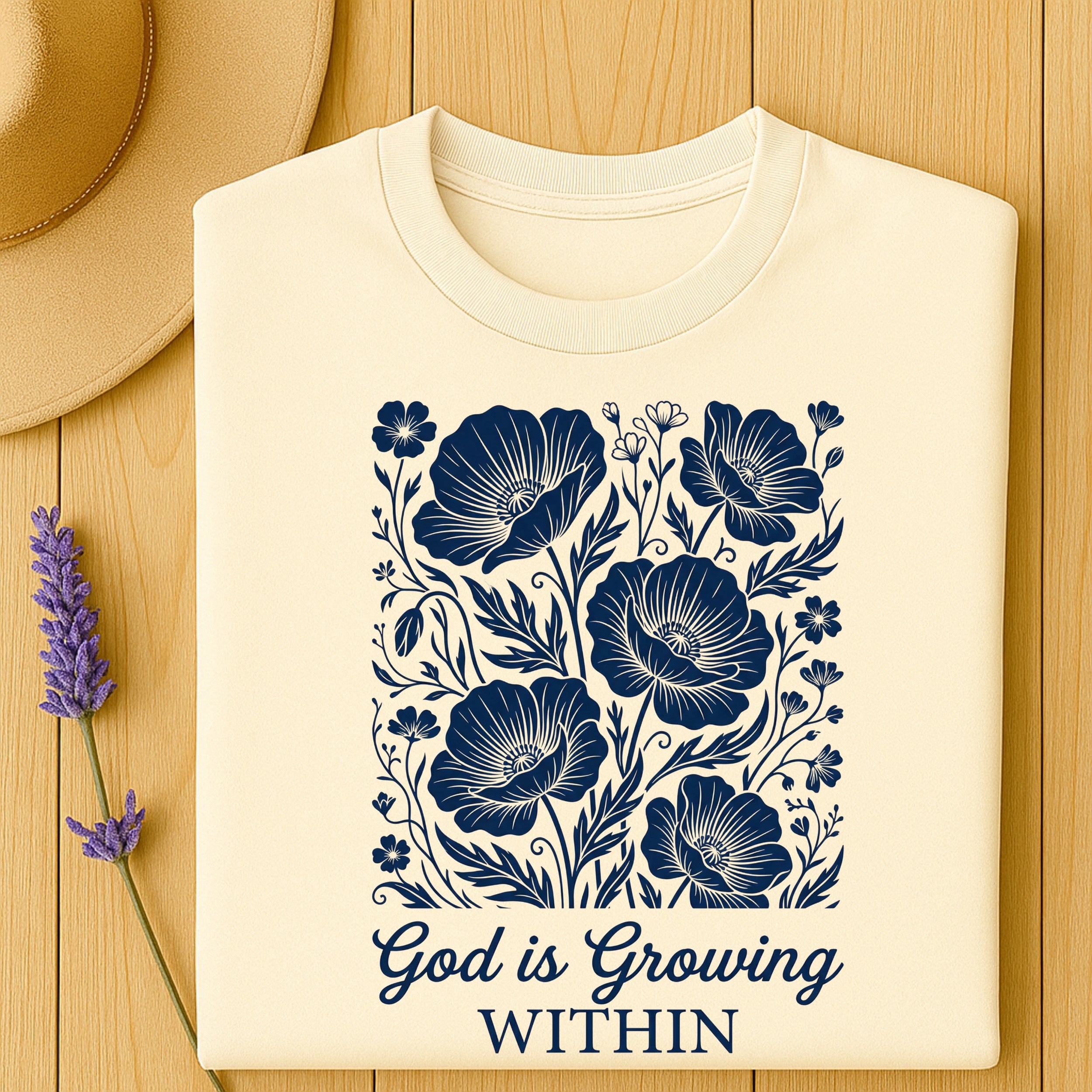 Cream sweatshirt with floral design and "God is Growing WITHIN" text.