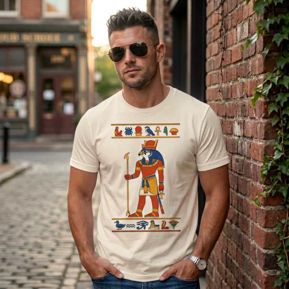 Man wearing a cream t-shirt with Egyptian hieroglyphs and a pharaoh graphic.