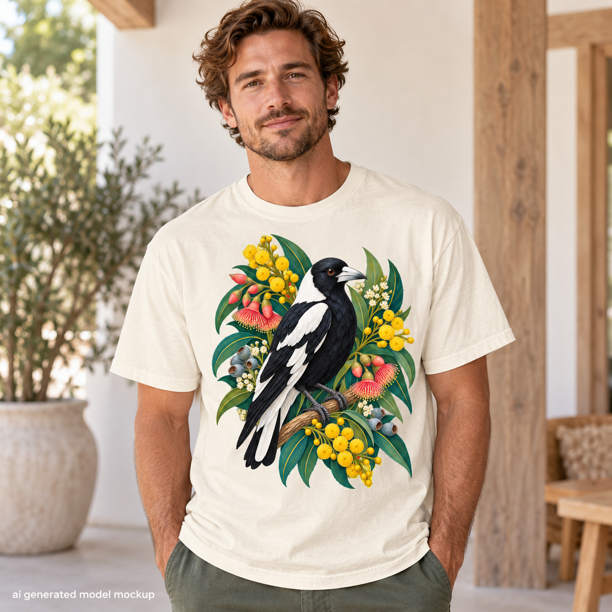 Cream t-shirt featuring a magpie perched on a branch with Australian native flowers.