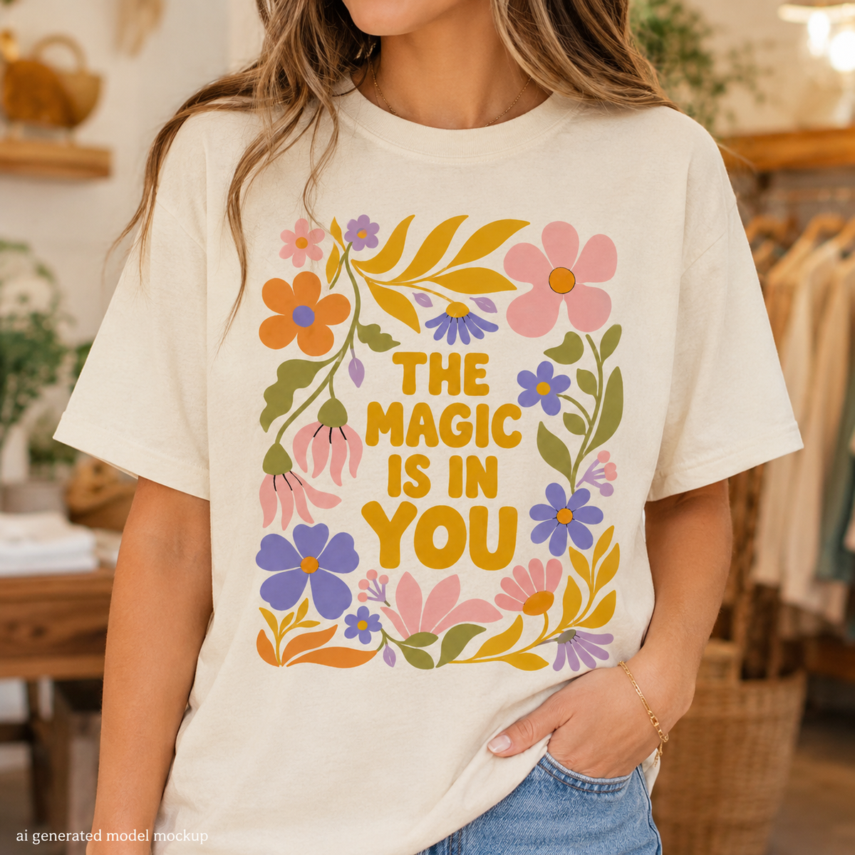 Cream t-shirt with floral graphic and text "THE MAGIC IS IN YOU."