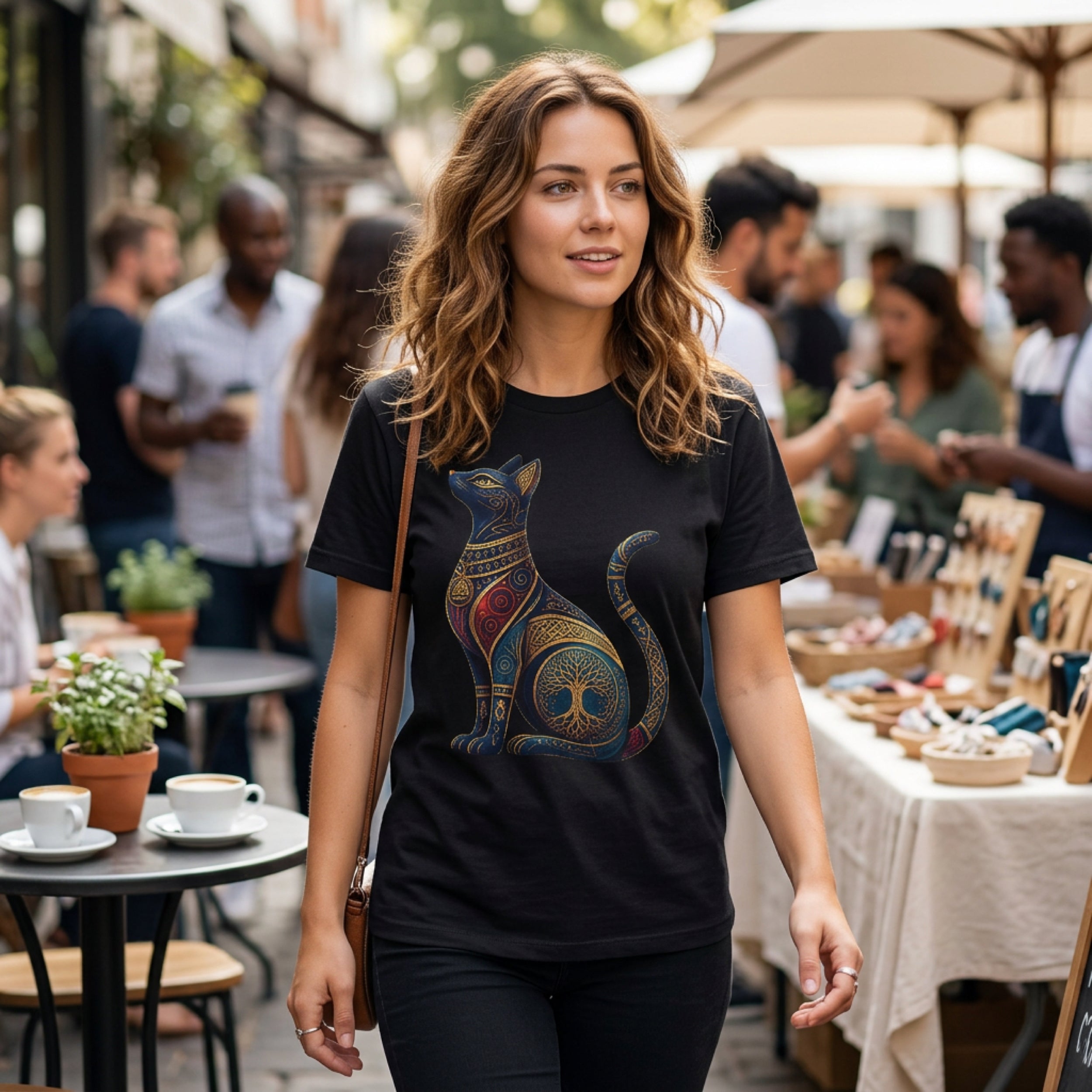 Black t-shirt with colorful cat and tree graphic worn by a woman.