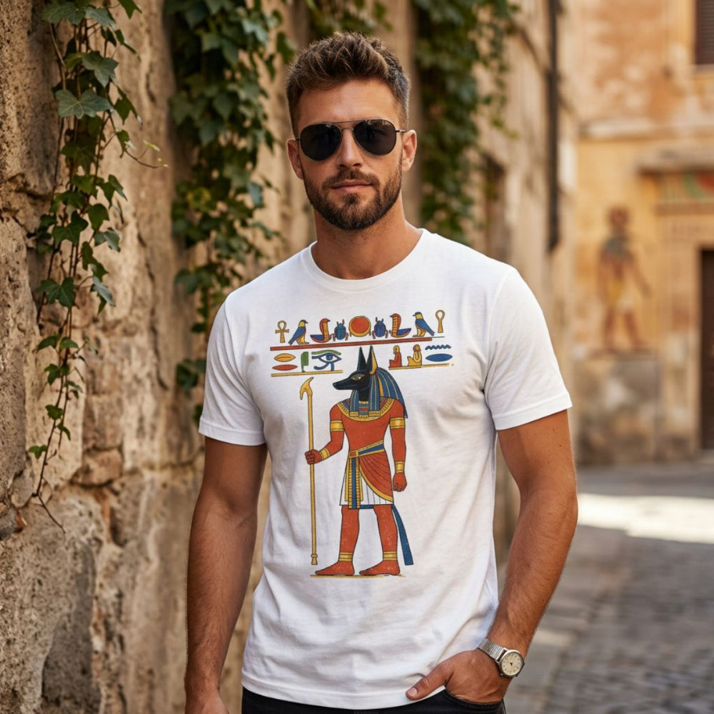 Man wearing a white t-shirt with an Egyptian Anubis graphic and hieroglyphs.