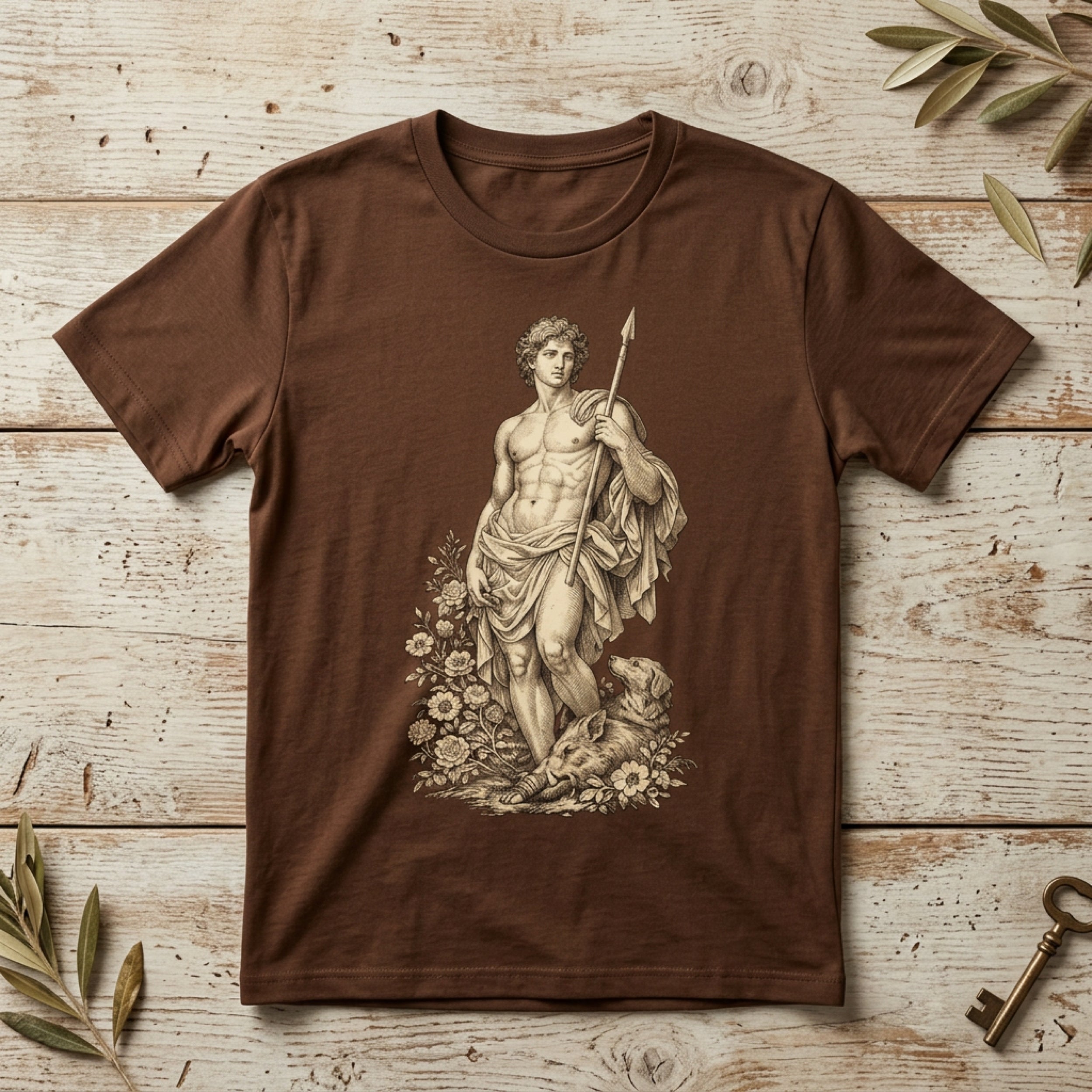 Brown t-shirt with vintage illustration of a muscular man holding a spear with a dog.