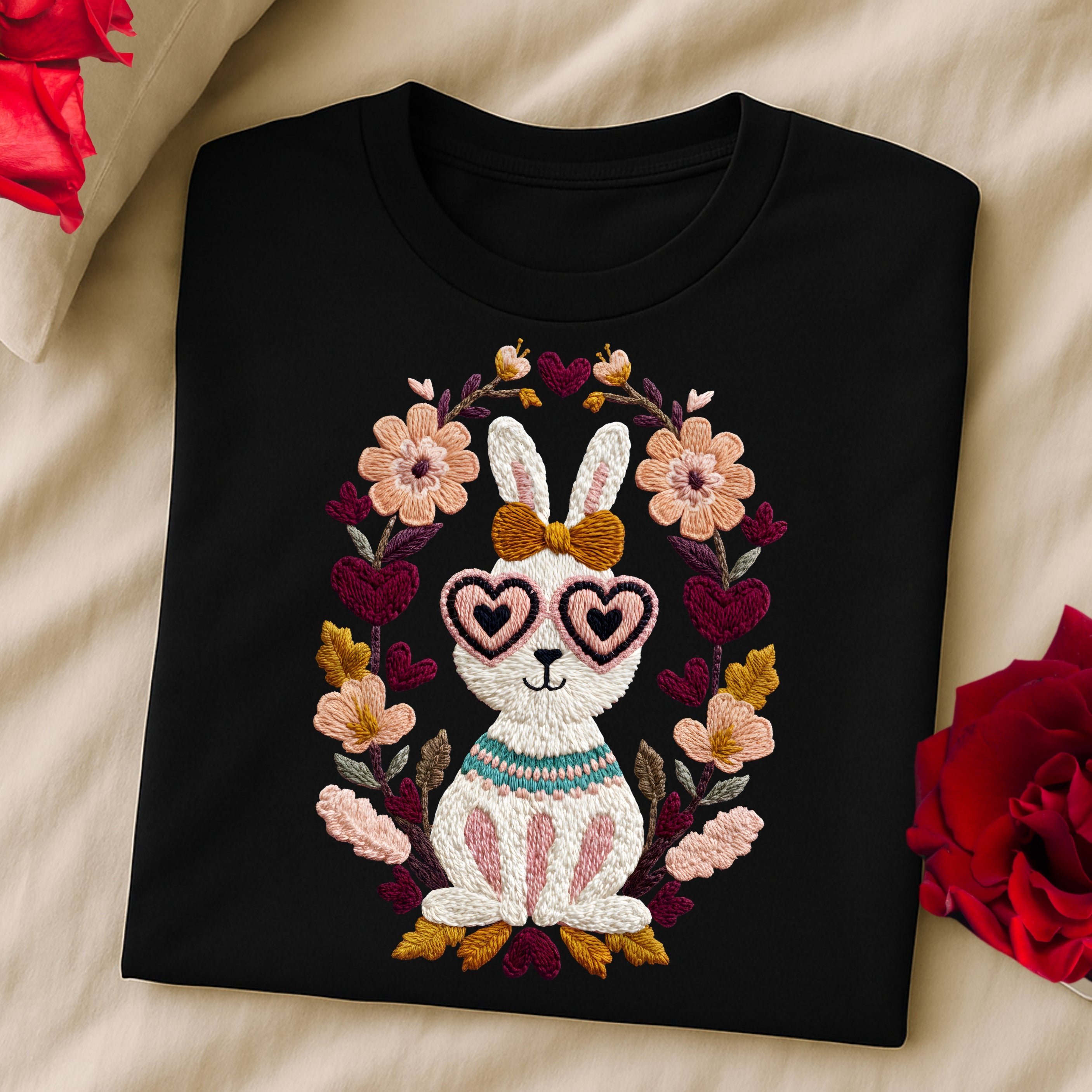 Cute Bunny With Floral Frame Black Shirt