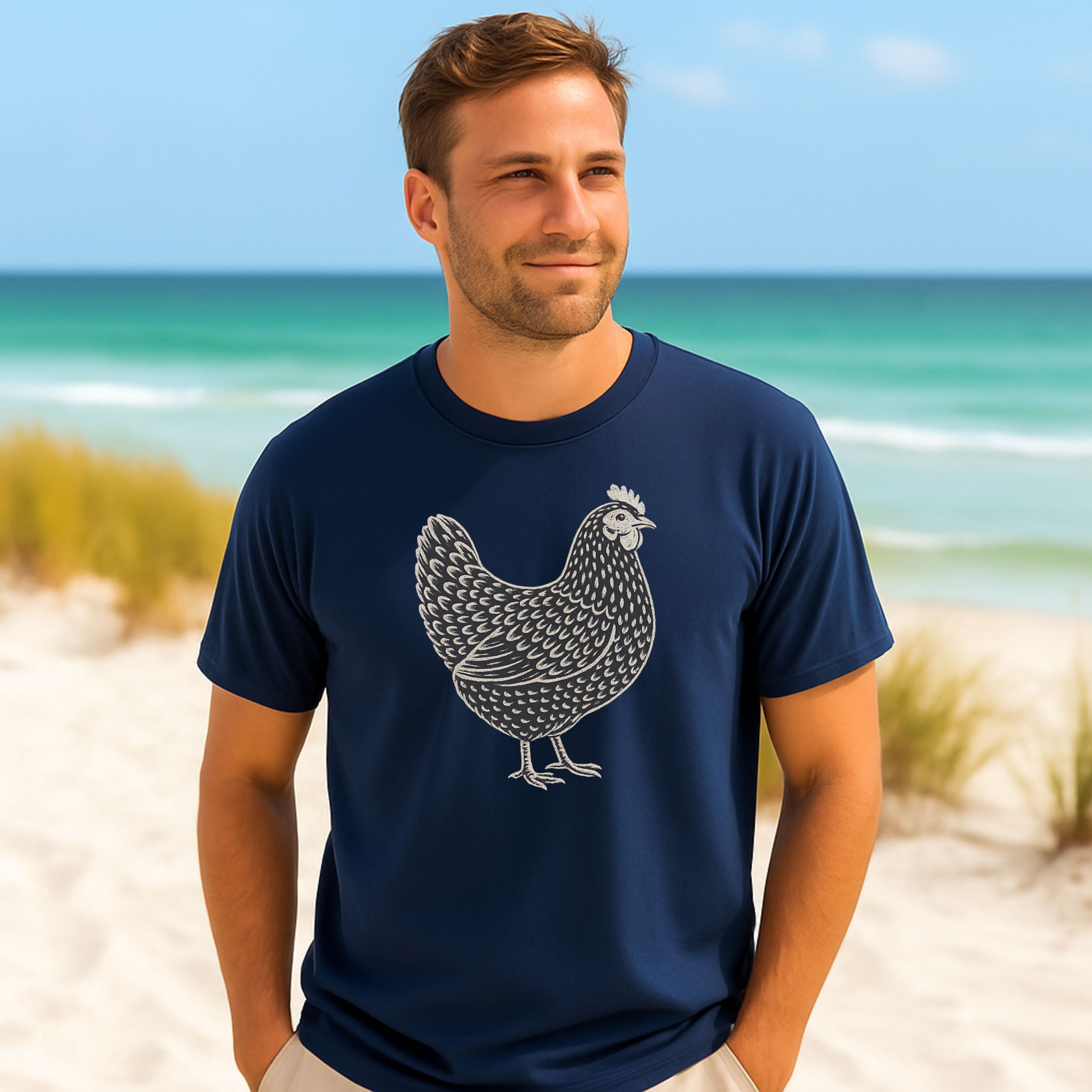 Blue T-Shirt with Simple Chicken Graphic Design Casual