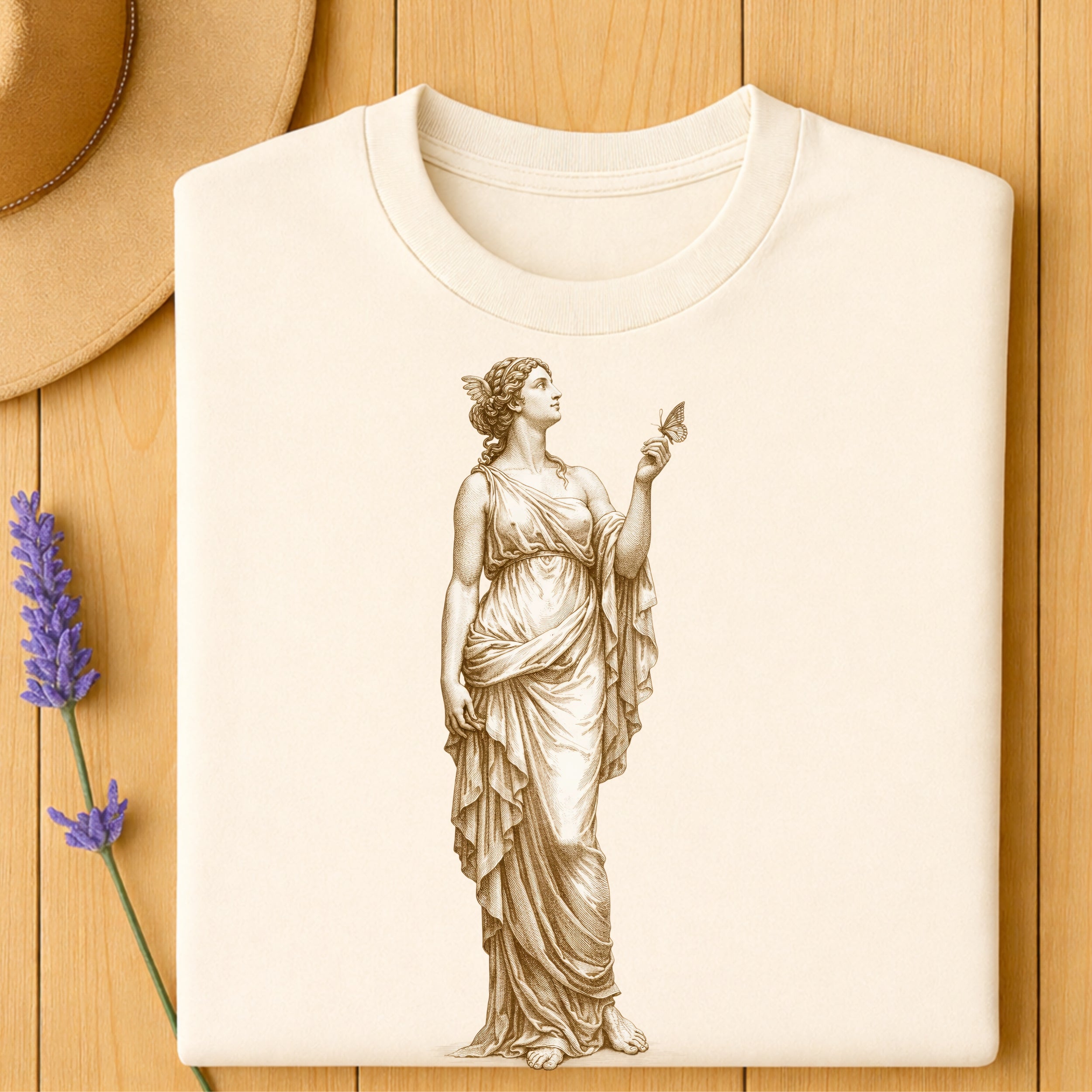 Elegant Ancient Greek Goddess with Butterfly Shirt