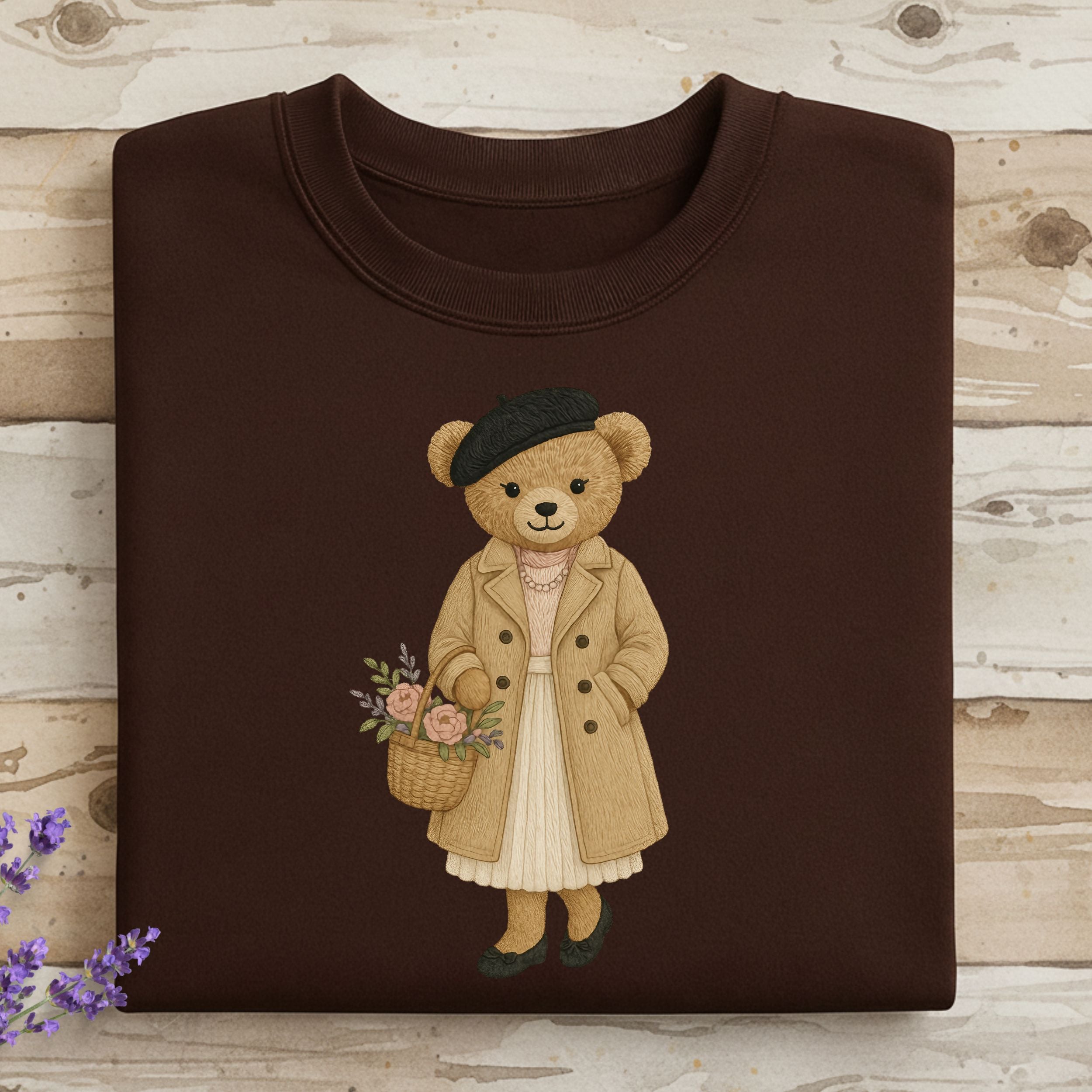 Cute Bear Wearing French Beret and Trench Coat Shirt