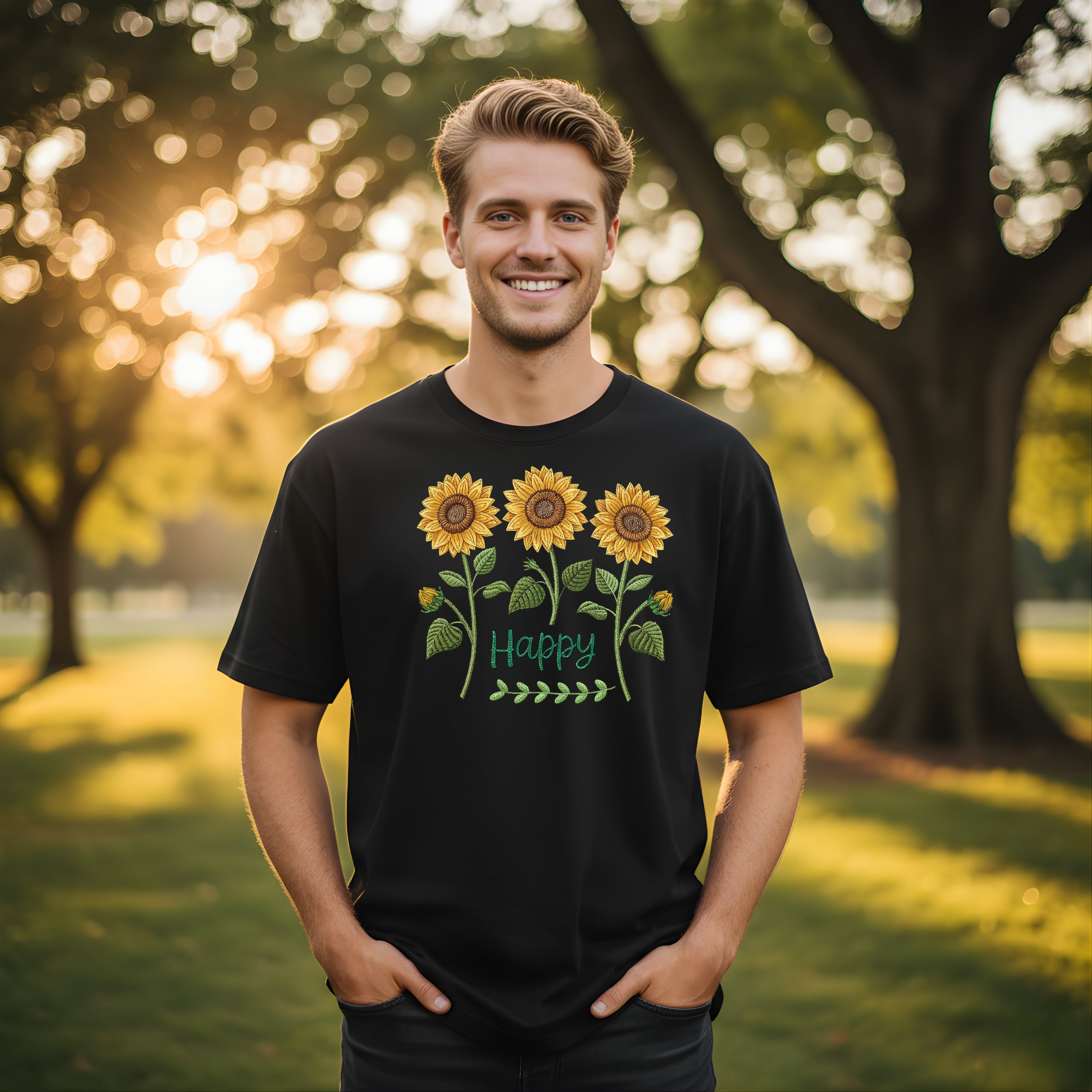 Sunflower Themed Happy Graphic T-Shirt for Casual Wear