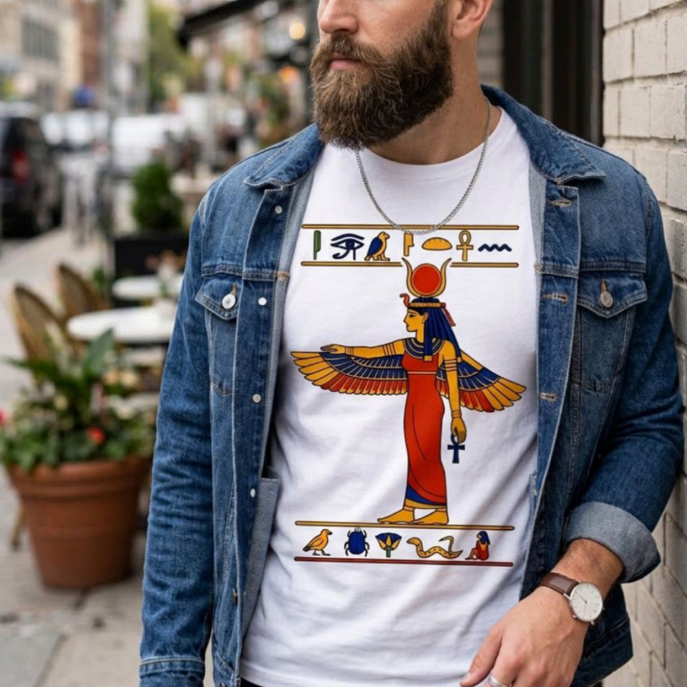 Man wearing a white t-shirt with Egyptian deity artwork and hieroglyphs.
