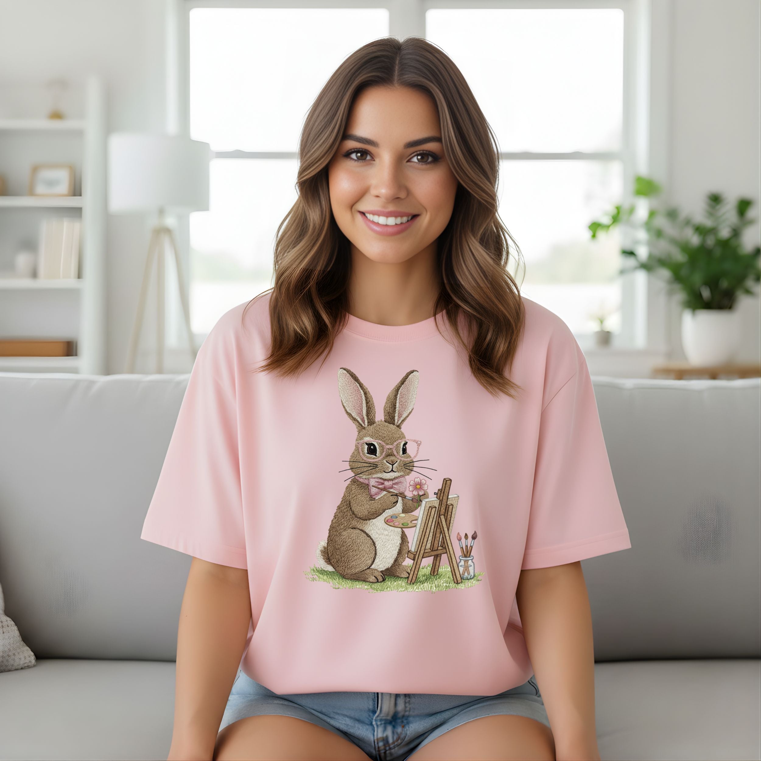Cute Painter Bunny Graphic Tee for Women Casual Wear