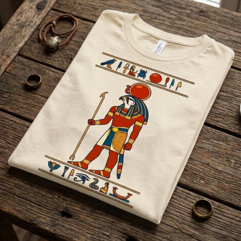Cream t-shirt with Egyptian hieroglyphs and a depiction of the god Horus.