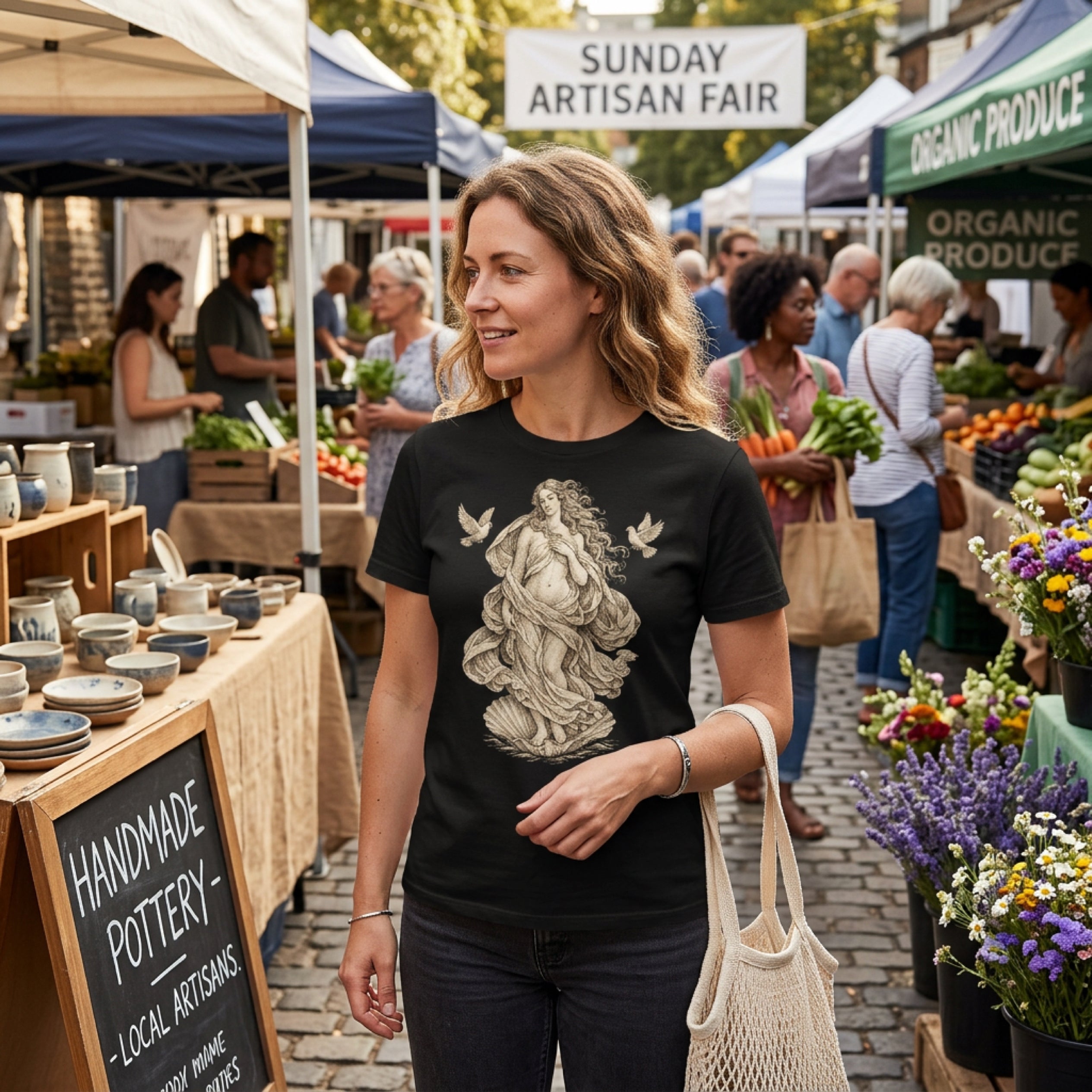 Woman wearing black t-shirt with Grecian figure design at Sunday Artisan Fair.