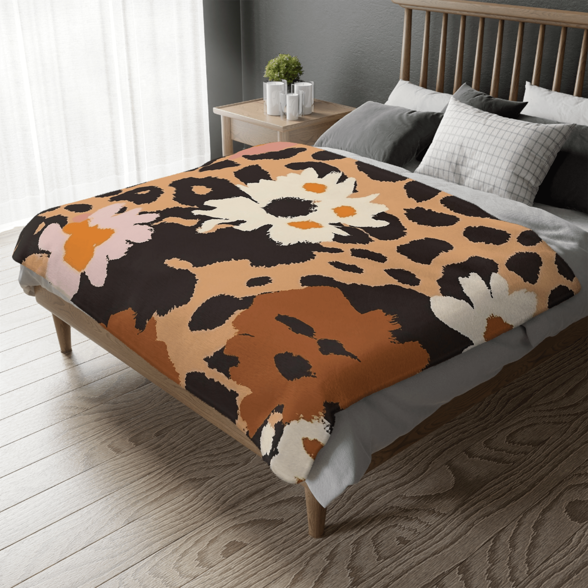 African Inspired Floral Leopard Print Blanket, Cozy Home Decor Accent, Unique Animal and Flower Pattern Throw, Soft Warm Blanket - Craig Michael Design