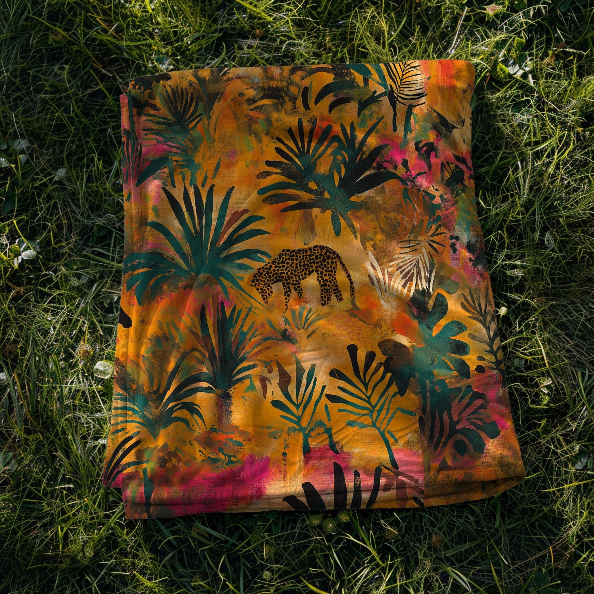 African Inspired Jungle Animal Print Blanket, Safari Theme Bedding Decor, Vibrant Wildlife Art, Colourful Tropical Throw Blanket - Craig Michael Design