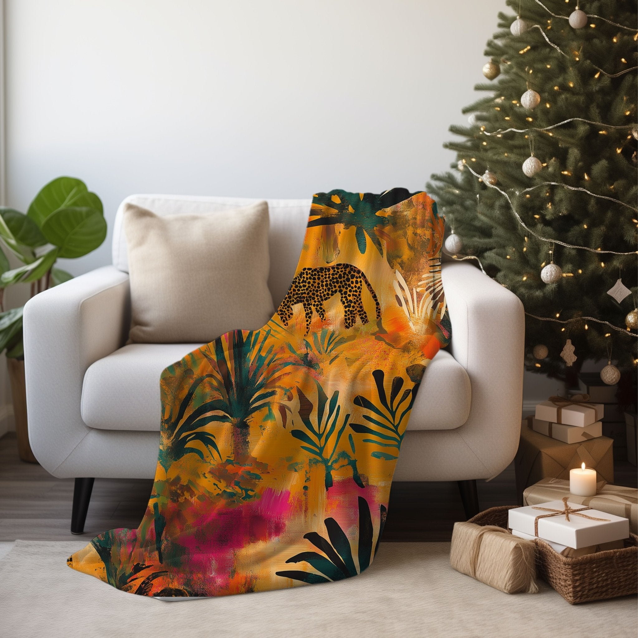 African Inspired Jungle Animal Print Blanket, Safari Theme Bedding Decor, Vibrant Wildlife Art, Colourful Tropical Throw Blanket - Craig Michael Design