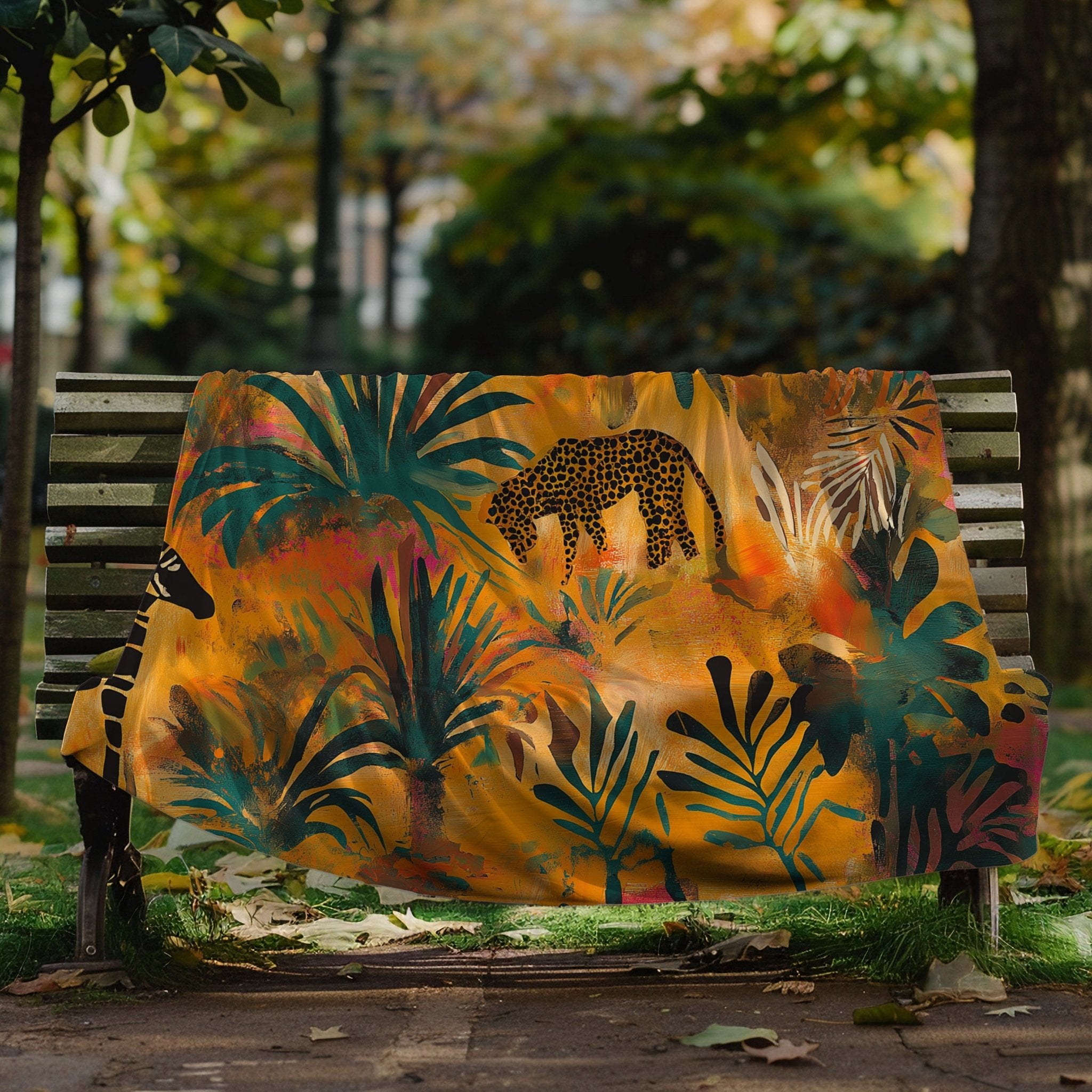 African Inspired Jungle Animal Print Blanket, Safari Theme Bedding Decor, Vibrant Wildlife Art, Colourful Tropical Throw Blanket - Craig Michael Design