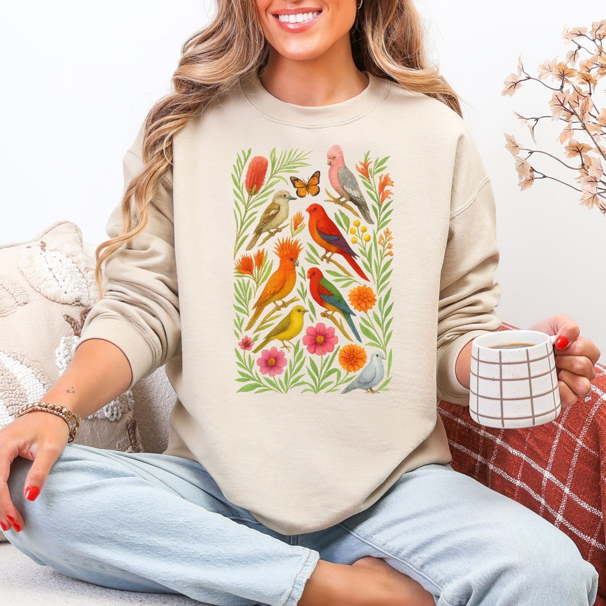 Australian Birds Sweatshirt – Parrot & Native Flowers - Craig Michael Design