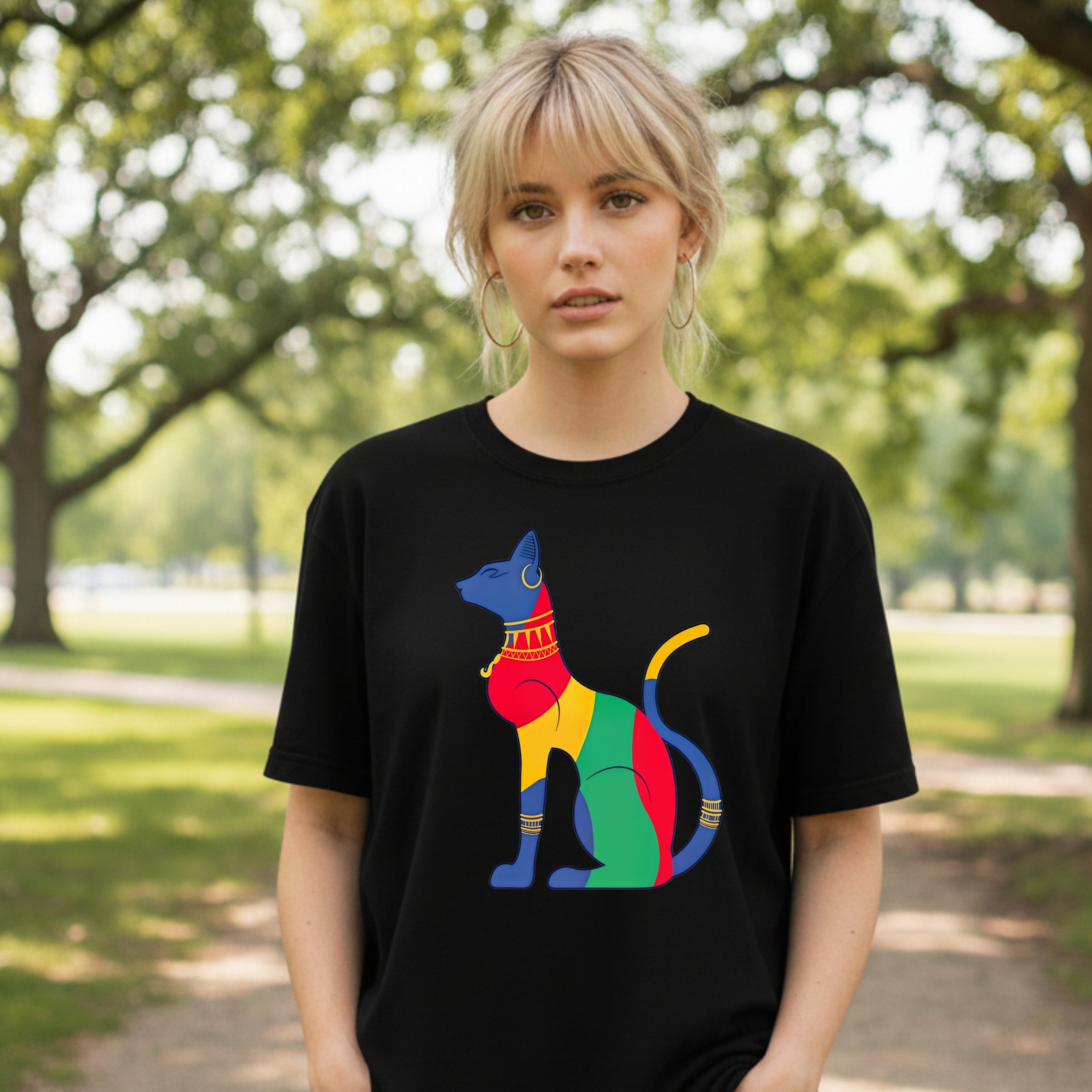 Black t-shirt featuring a colorful Egyptian cat graphic with gold collar.
