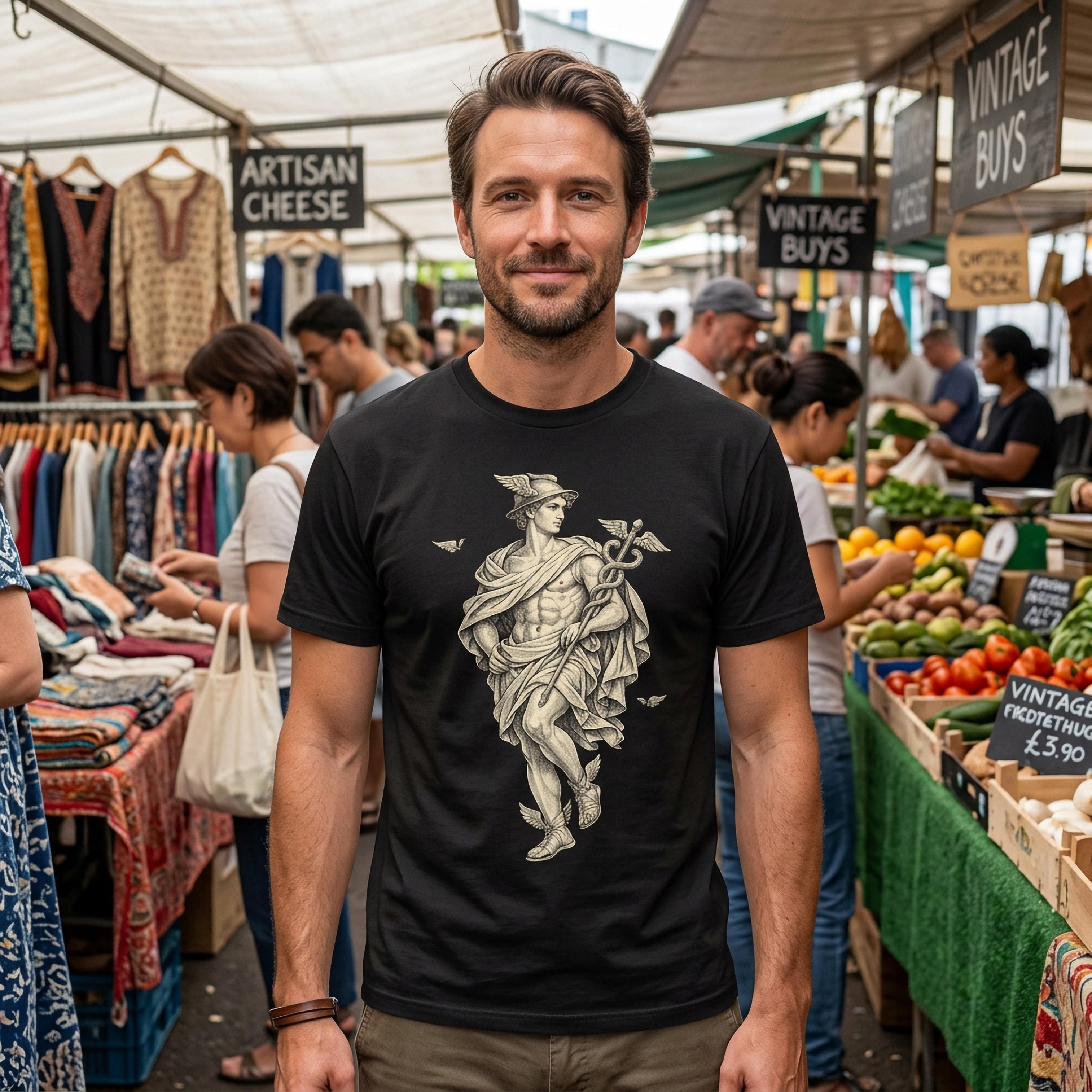 Man wearing black t-shirt with Mercury graphic in outdoor market stall.