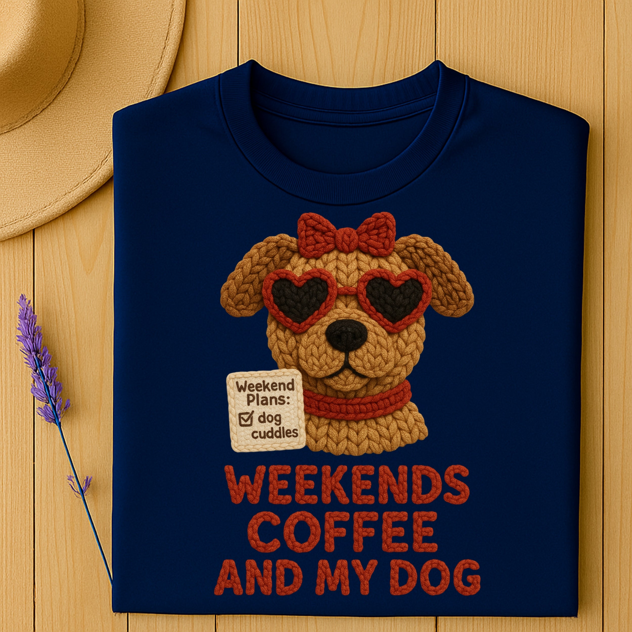 Navy blue t-shirt with knitted dog wearing heart sunglasses and text.