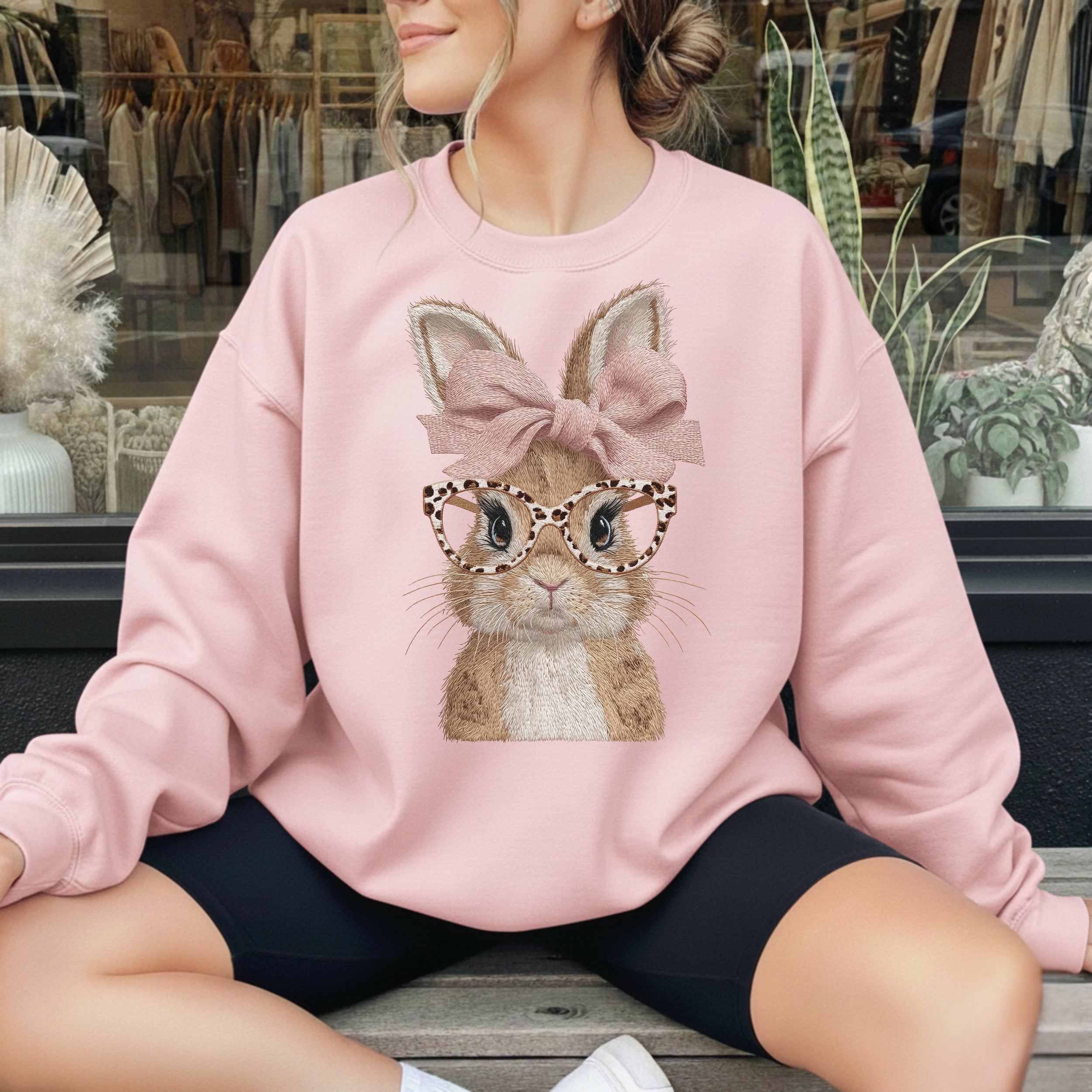 Adorable Bunny with Glasses and Bow Graphic Sweatshirt