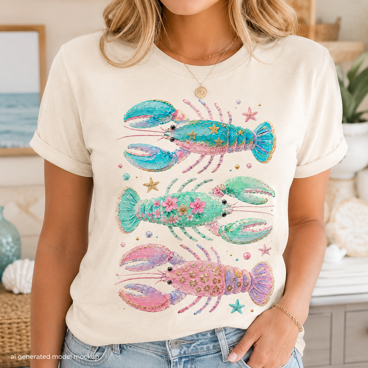 Three colorful lobsters, each decorated differently, stacked vertically on a cream t-shirt.