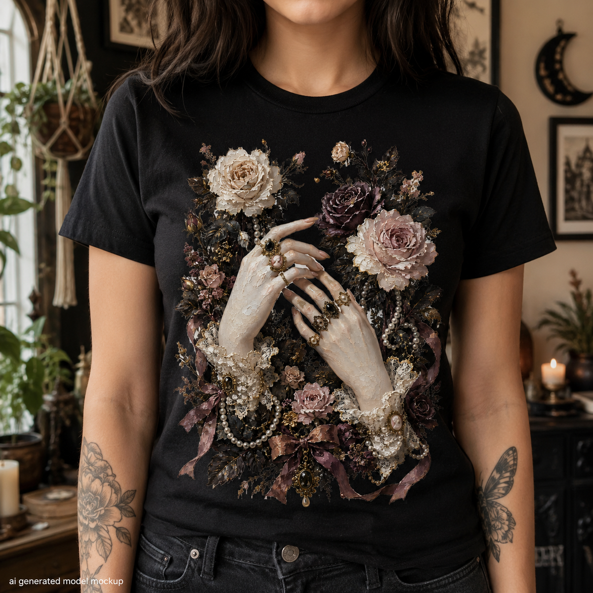 Black t-shirt with a floral arrangement featuring two hands adorned with rings.