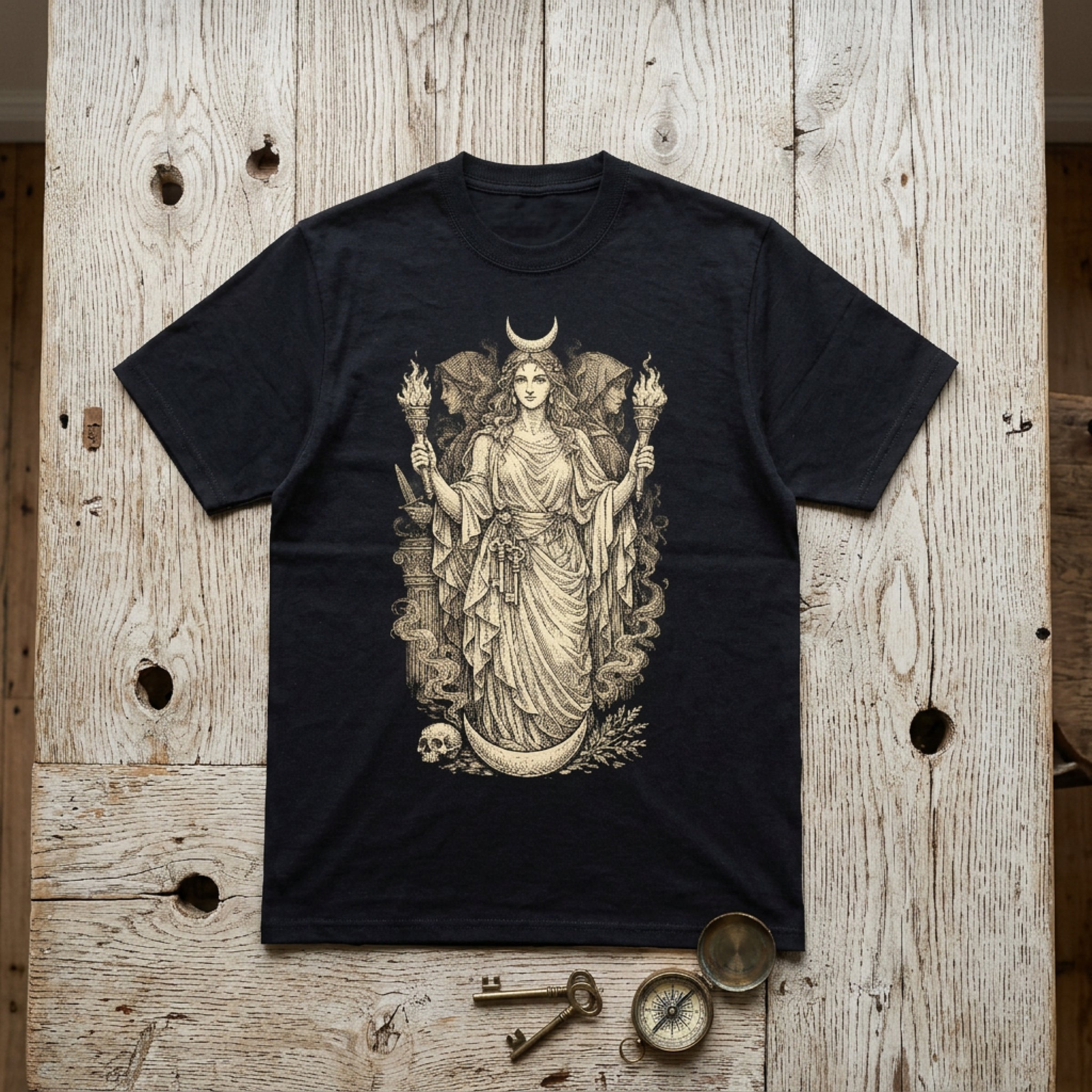 Black t-shirt with crescent moon goddess holding torches, antique keys, and compass.