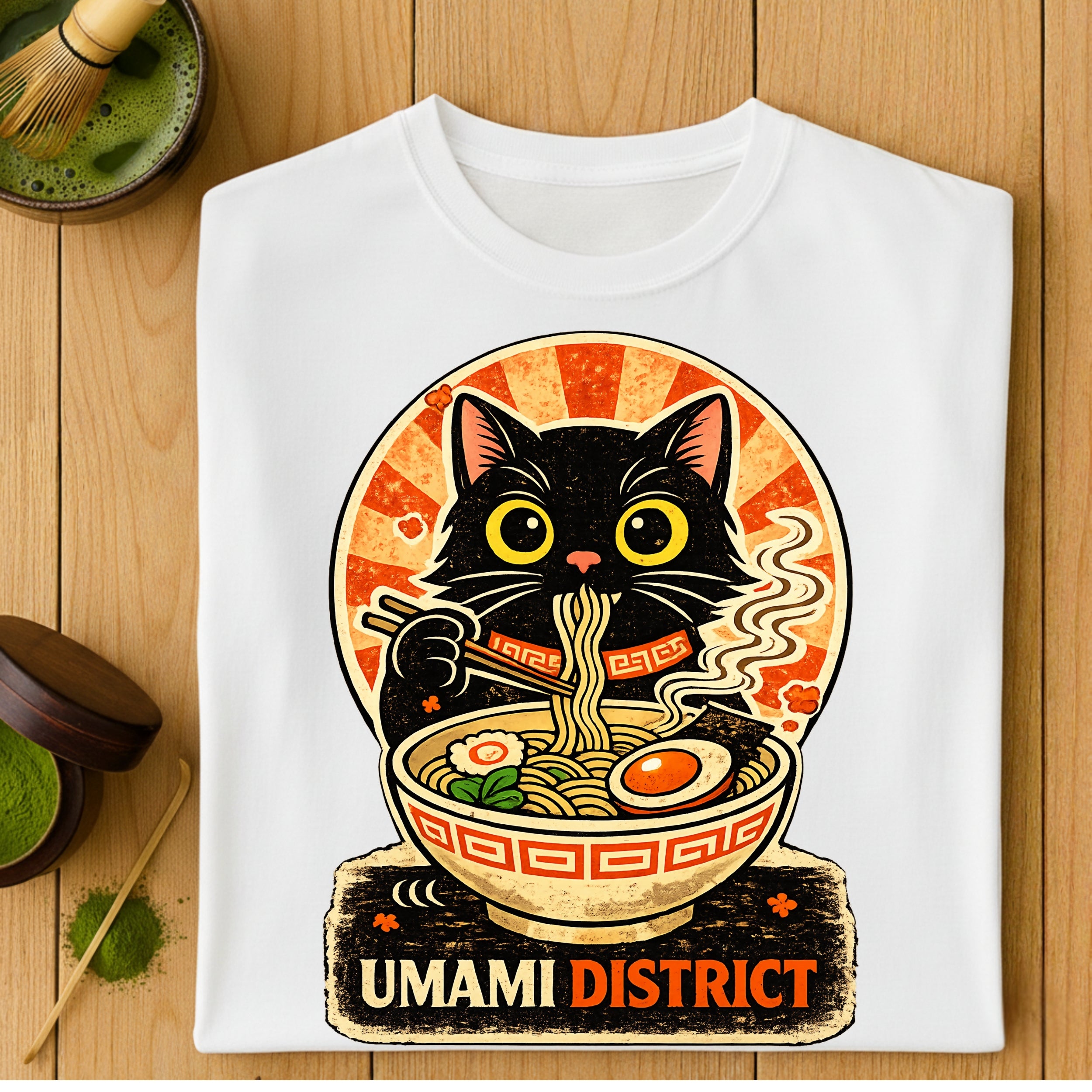 Cute Black Cat Enjoying Ramen Umami District T-shirt