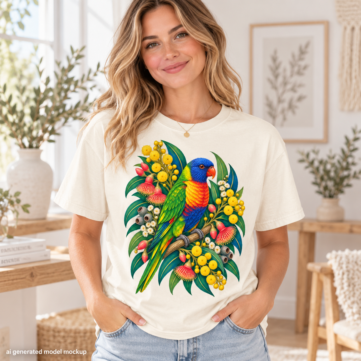 T-shirt with colorful lorikeet perched on a branch with flowers.