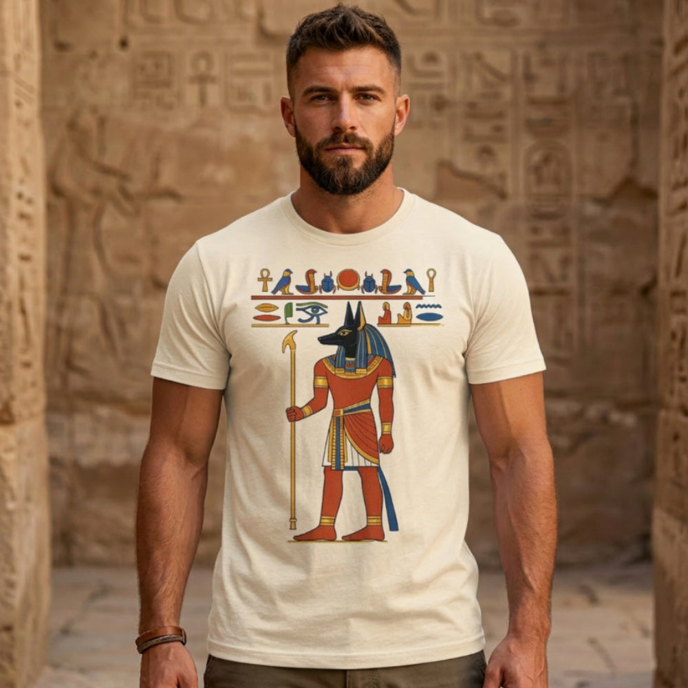 Man wearing a cream t-shirt with Egyptian Anubis illustration and hieroglyphs.