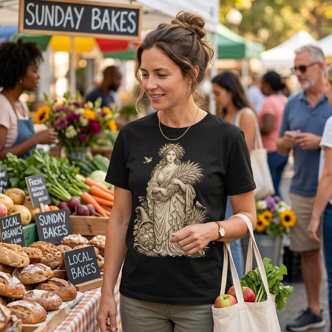 Woman in t-shirt with goddess graphic and text "SUNDAY BAKES" at a market.