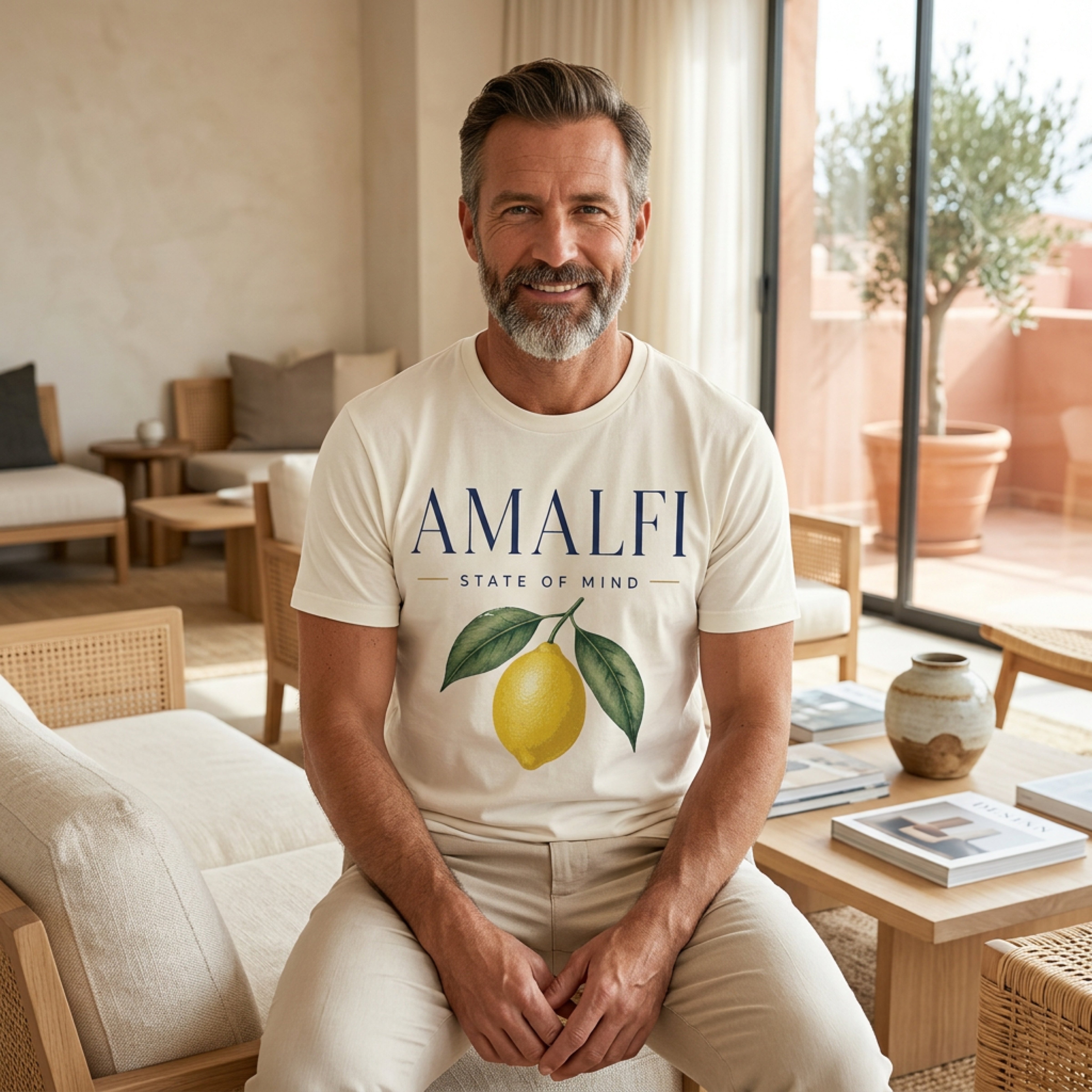 Man wearing a white t-shirt with "Amalfi" and a lemon graphic.