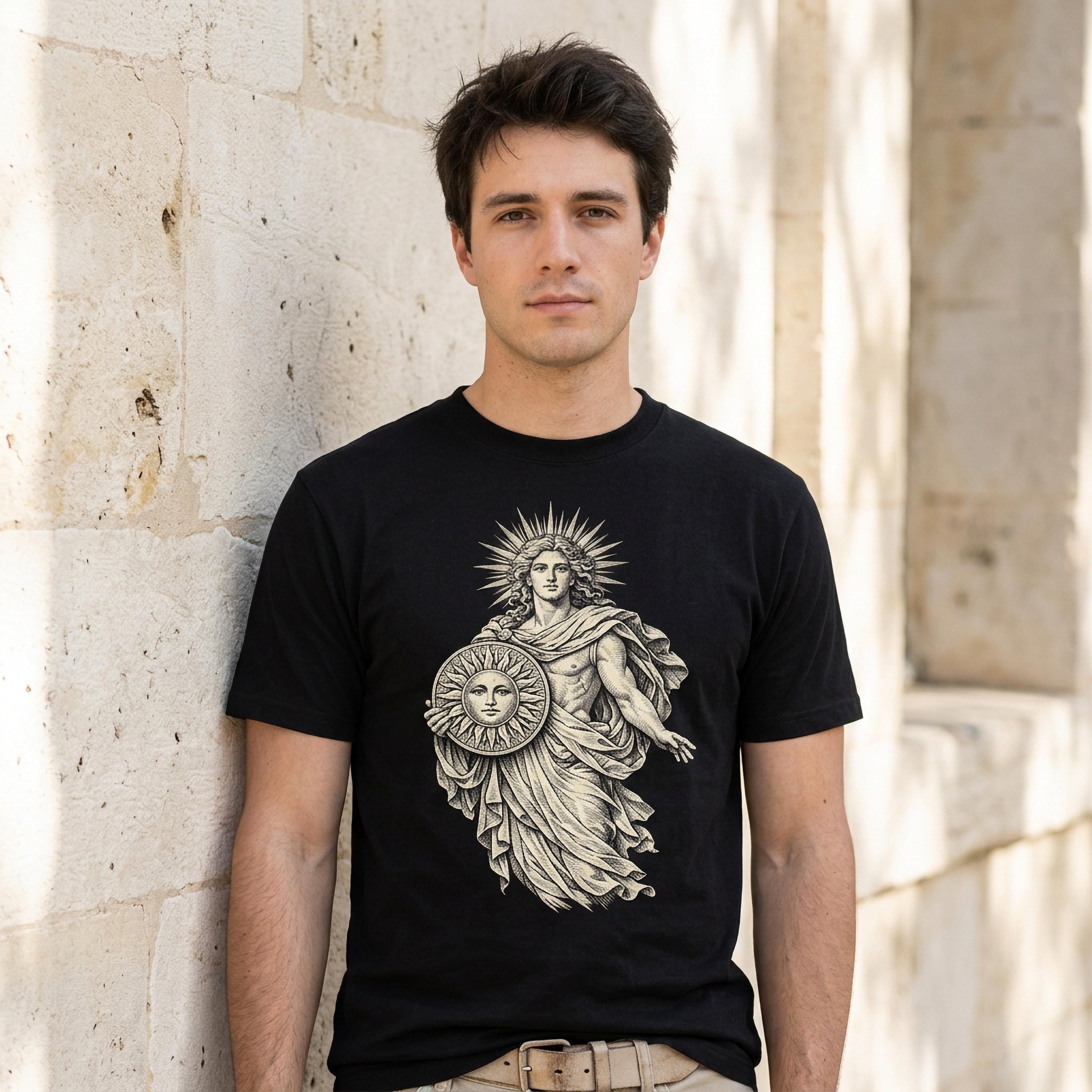 Man wearing black t-shirt with graphic of Helios holding a sun shield.