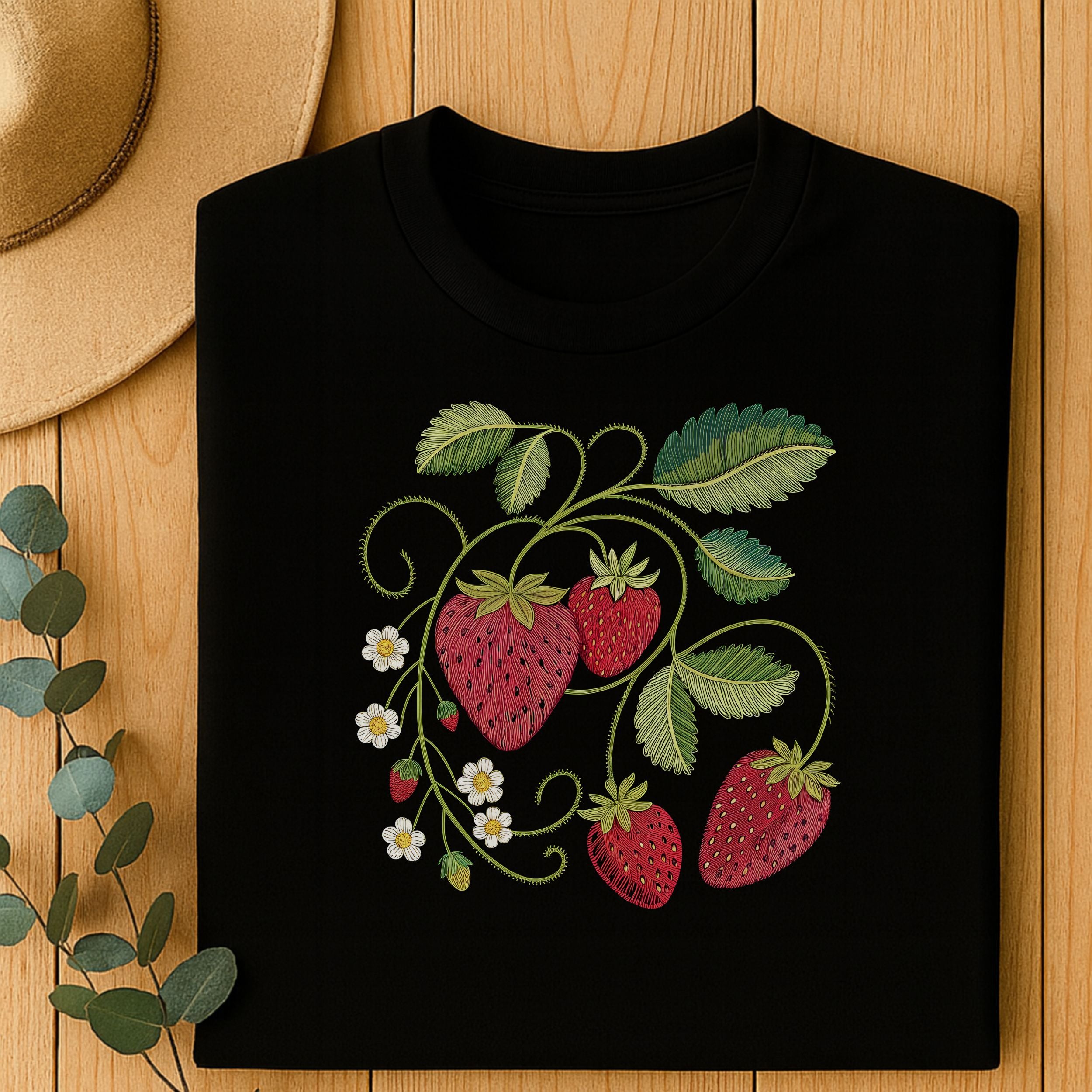 Strawberry and Vine Design on Black Shirt