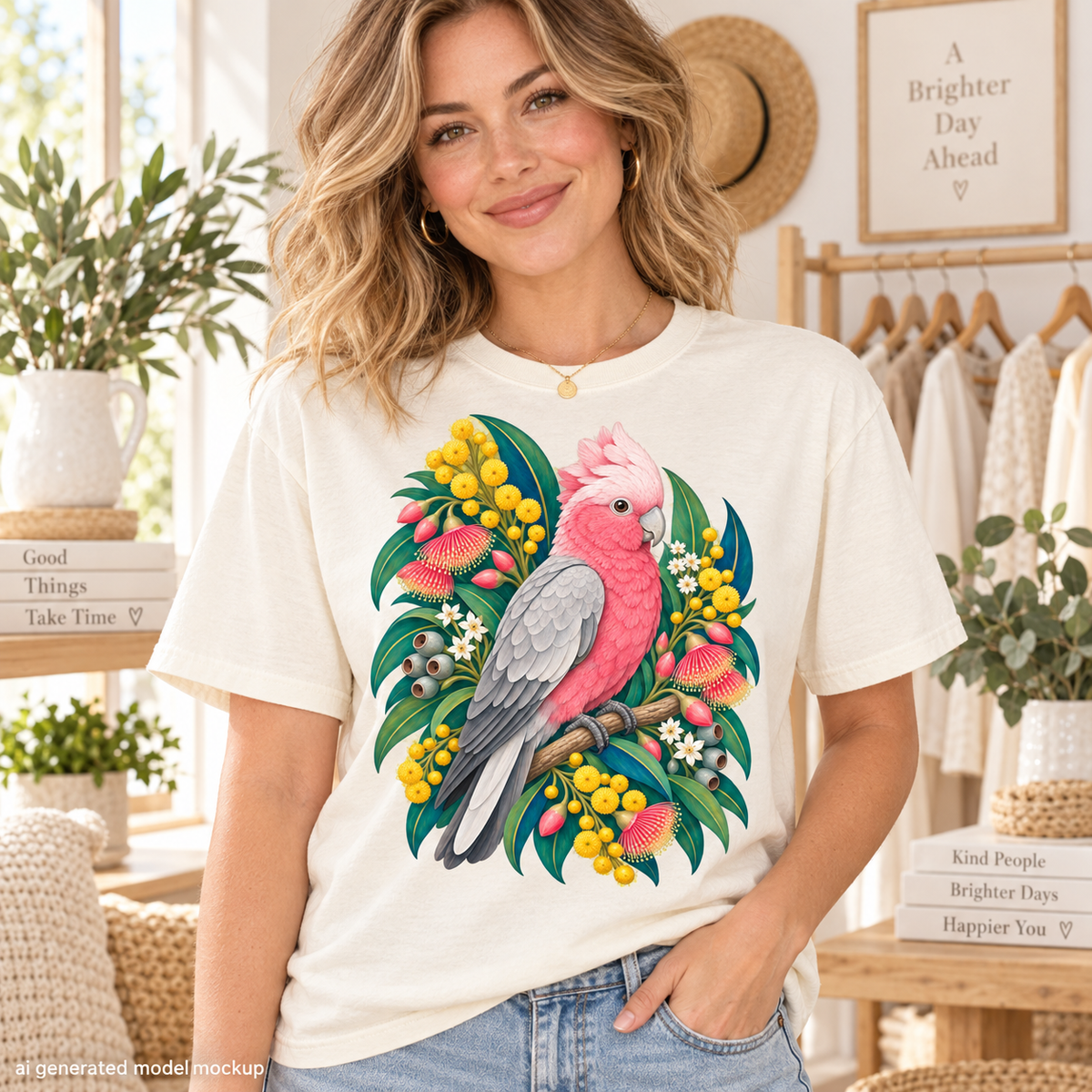 A woman wearing a cream t-shirt with a pink and grey cockatoo floral graphic.