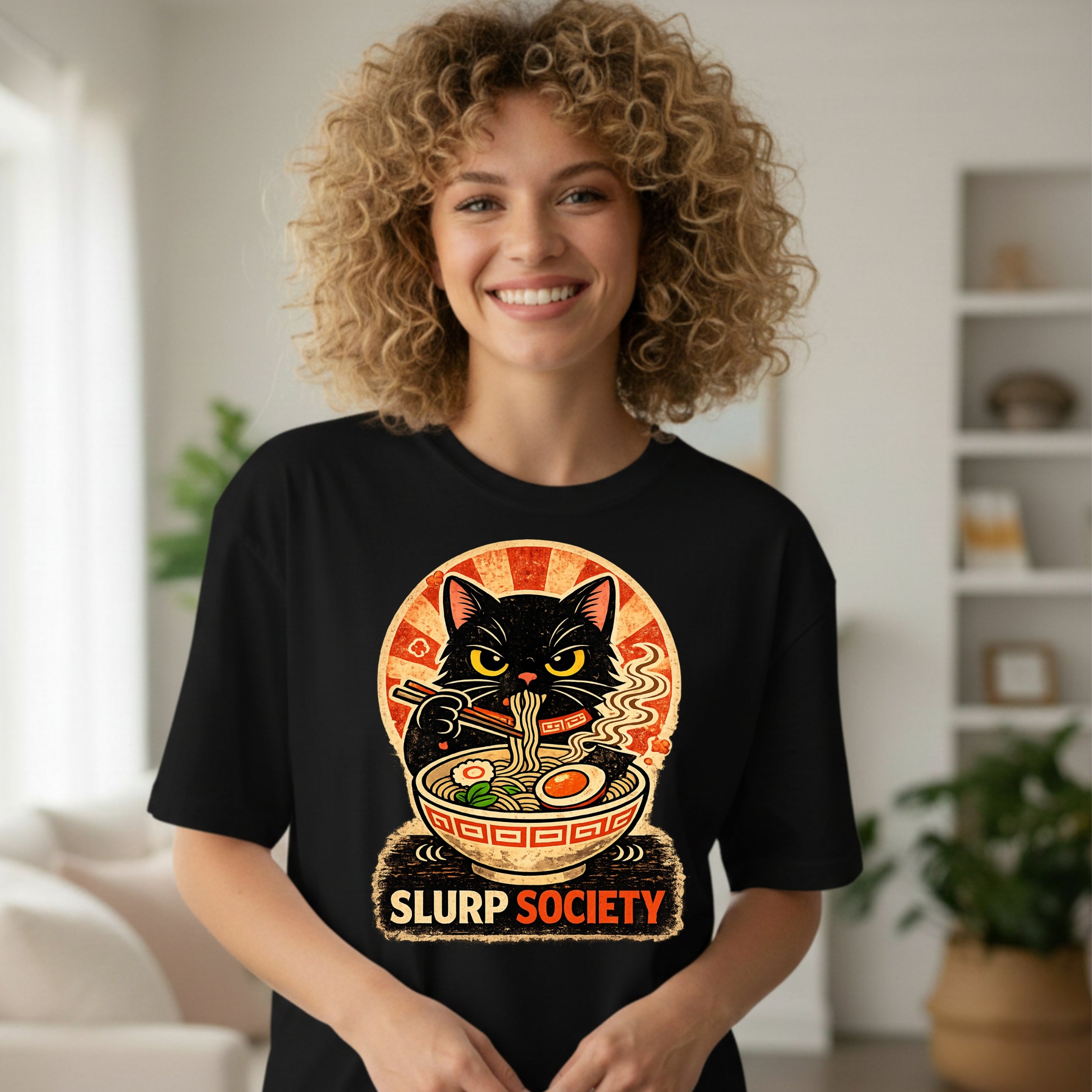 Black Cat Eating Ramen Slurp Society Graphic Tee