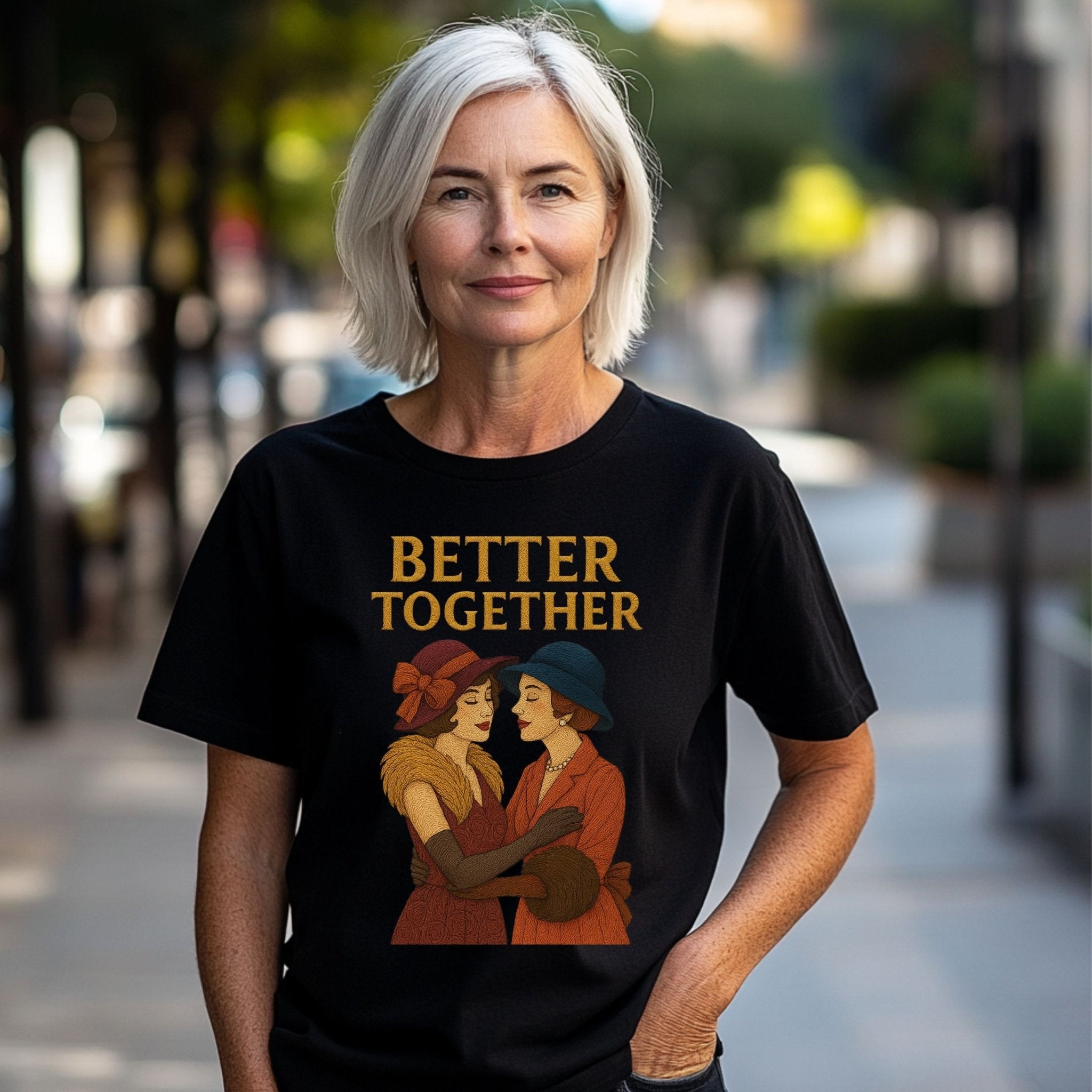 Better Together Tee, Vintage Lesbian Couple T-Shirt, Embroidered Style Sapphic Love Shirt, Queer Romantic Gift for Her - Craig Michael Design