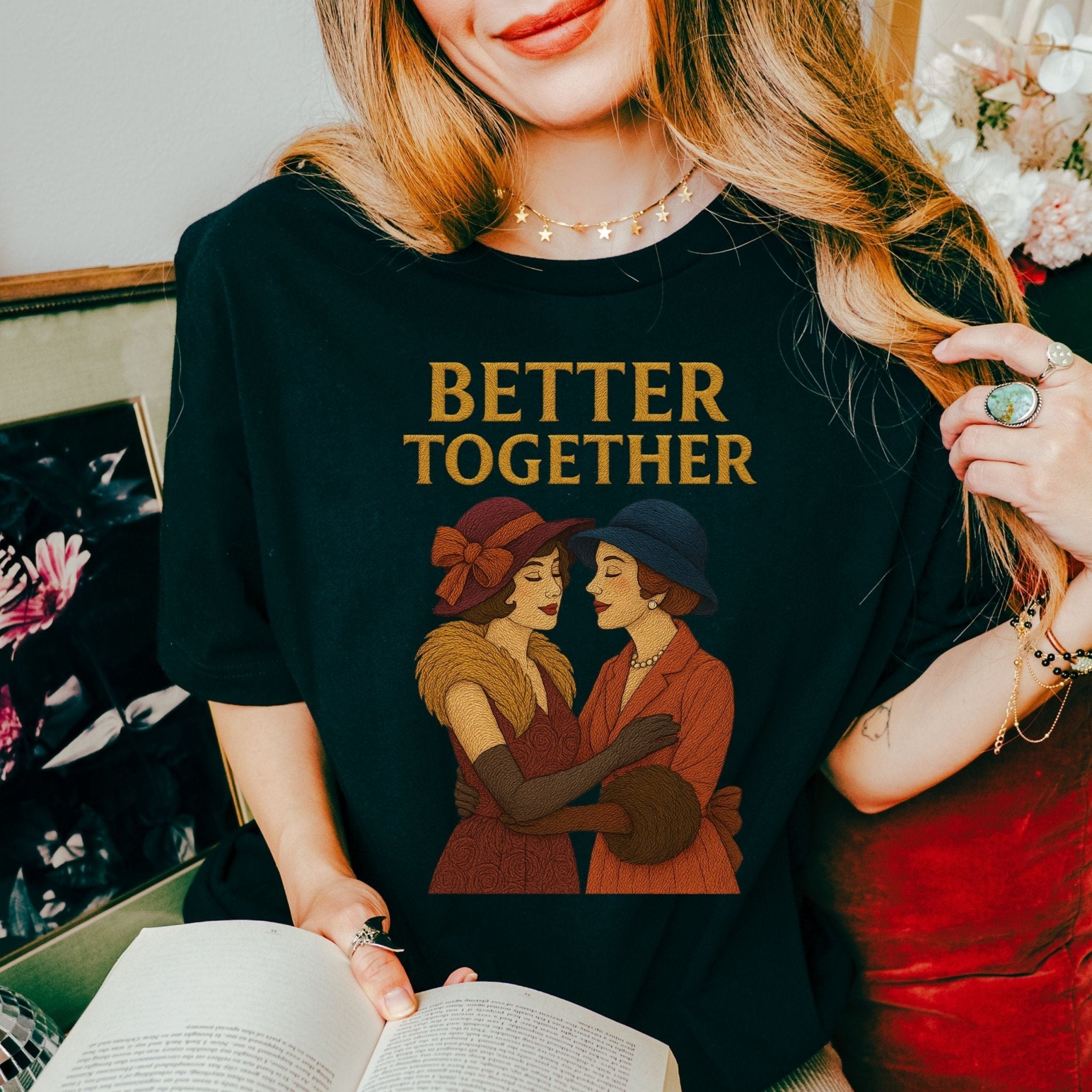 Better Together Tee, Vintage Lesbian Couple T-Shirt, Embroidered Style Sapphic Love Shirt, Queer Romantic Gift for Her - Craig Michael Design