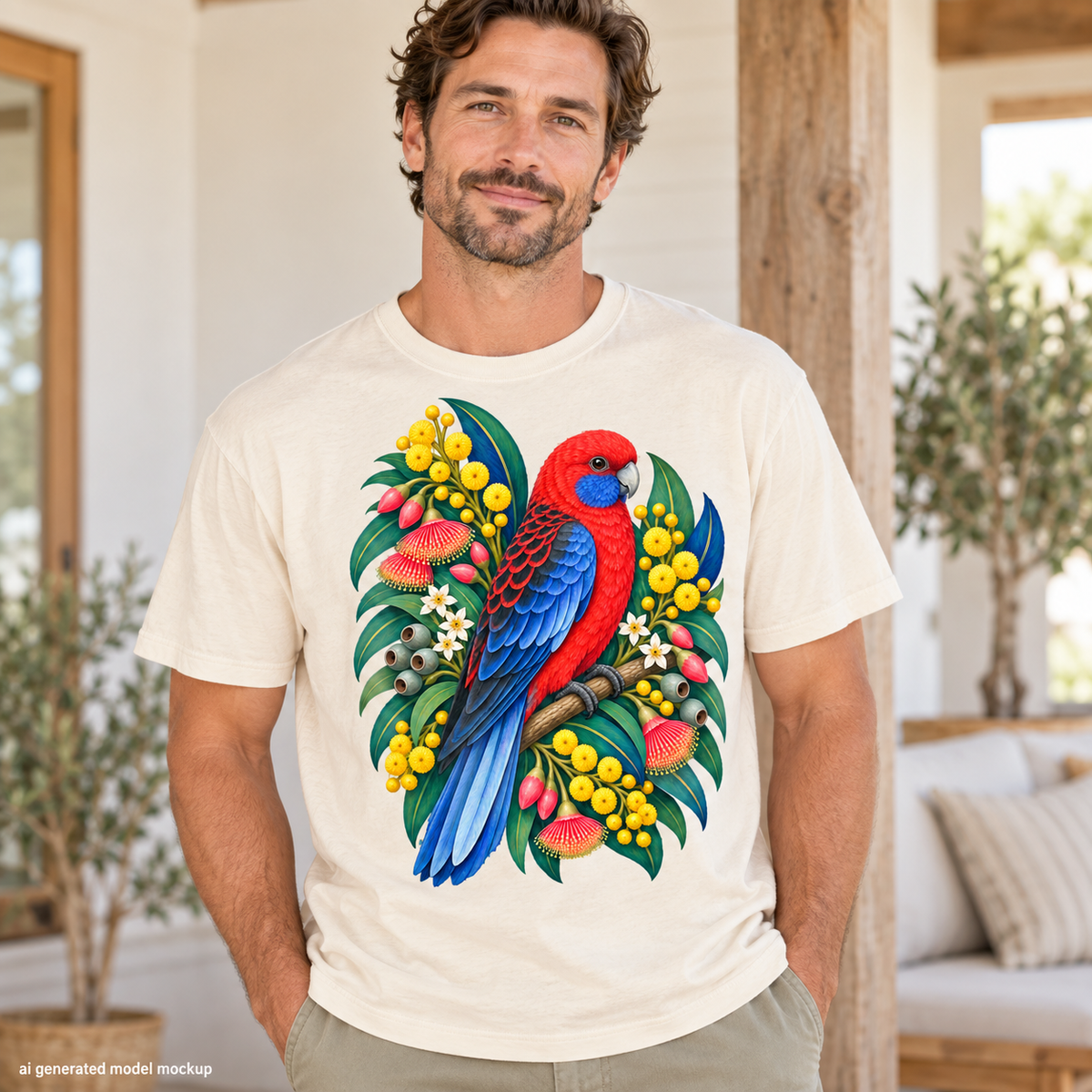 Cream t-shirt featuring a colorful parrot perched among Australian flora.