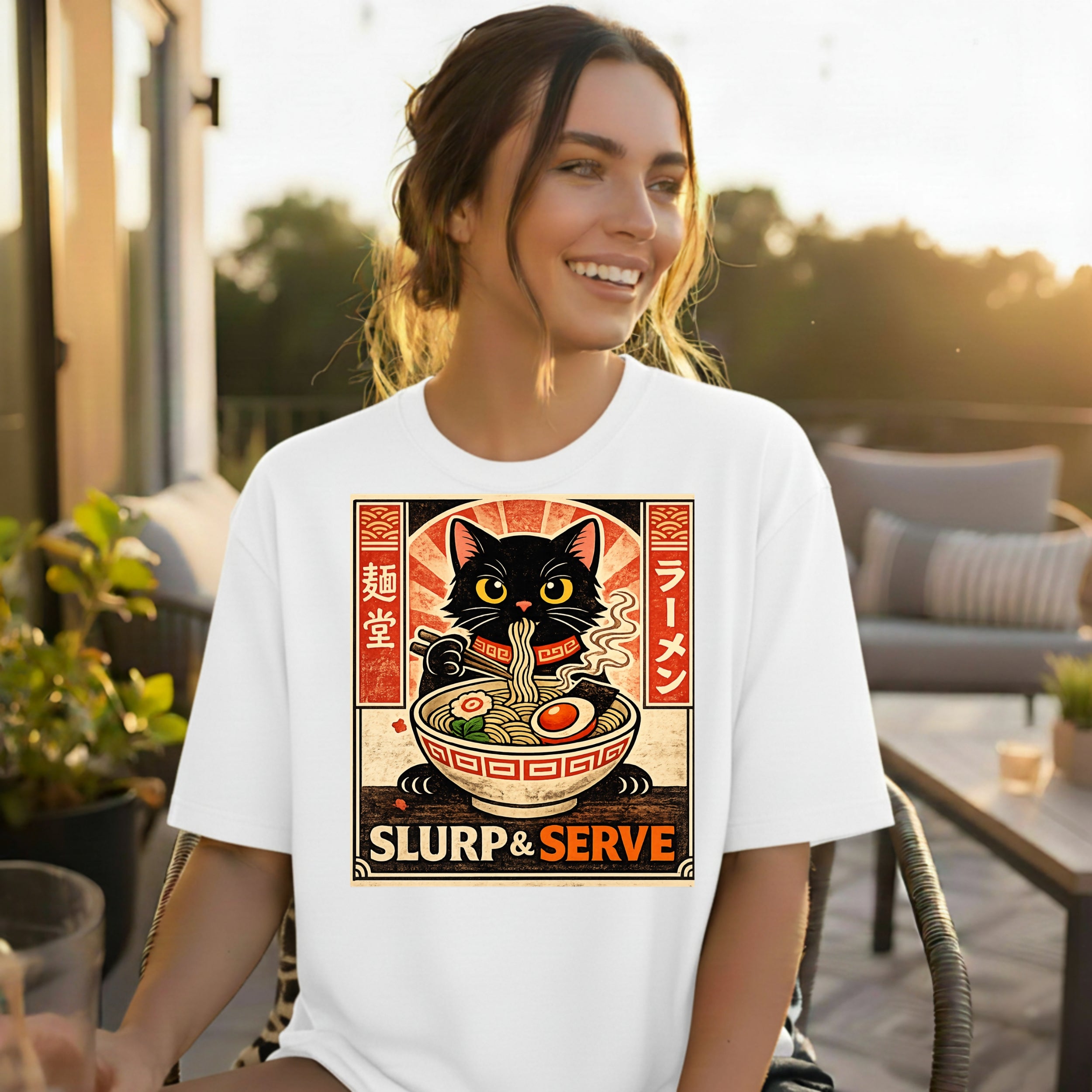 Slurp and Serve Ramen Cat Graphic Design T-Shirt