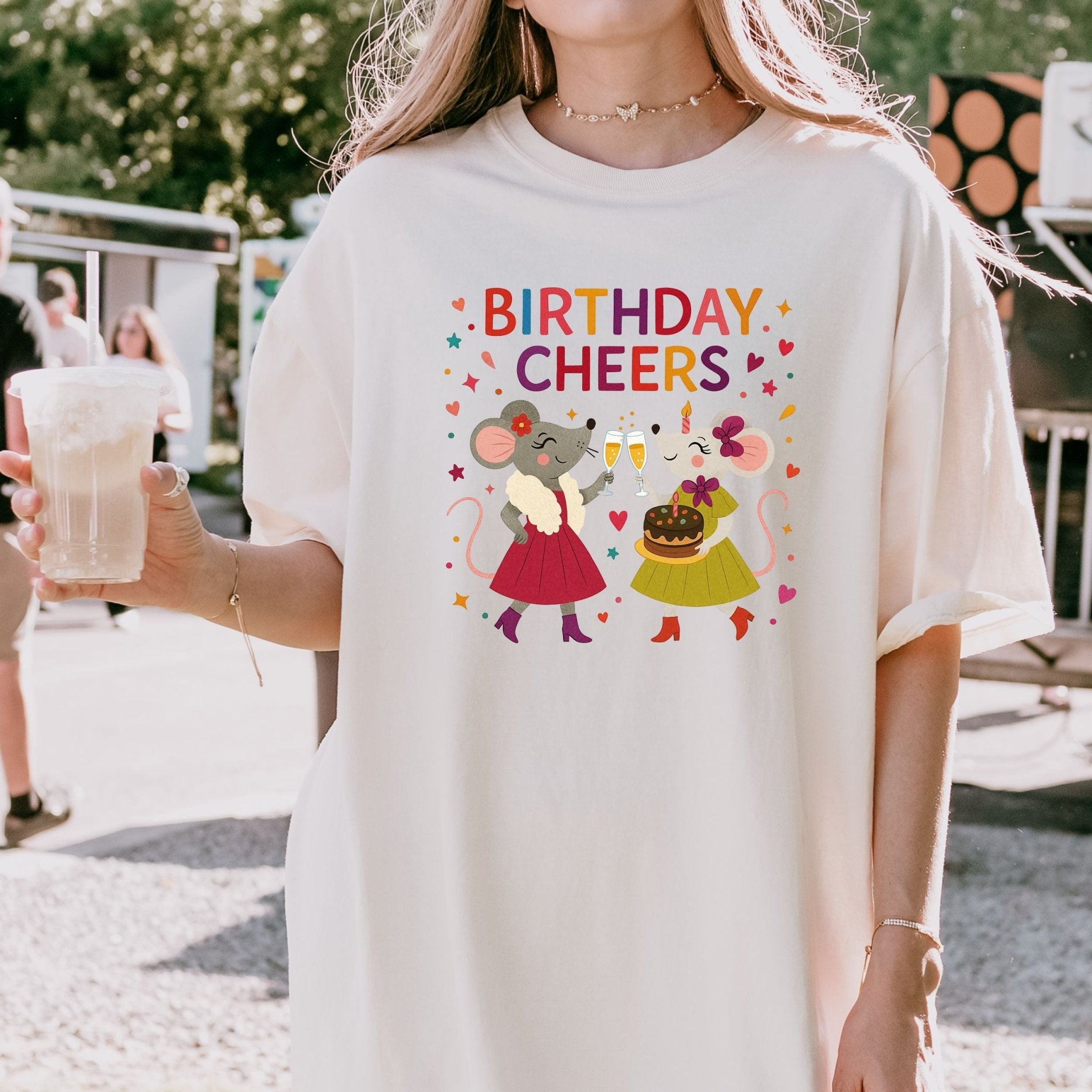 Birthday Cheers T-Shirt, Comfort Colours Lesbian Birthday Tee, Funny Mouse Couple Gift for Her, Embroidered Style Party Shirt - Craig Michael Design