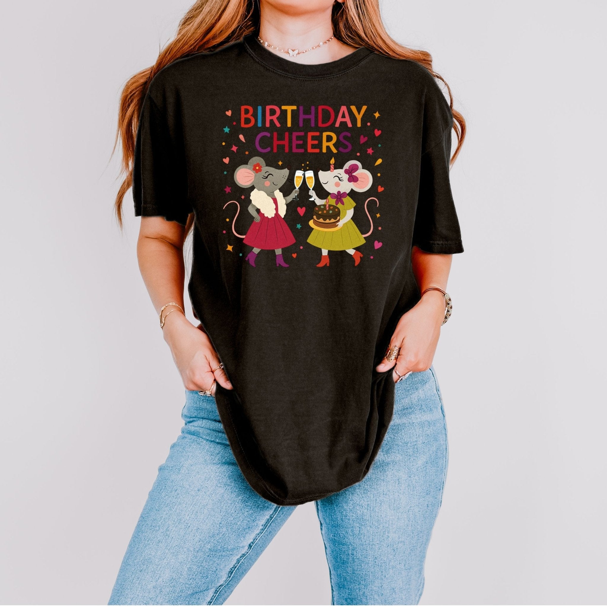 Birthday Cheers T-Shirt, Comfort Colours Lesbian Birthday Tee, Funny Mouse Couple Gift for Her, Embroidered Style Party Shirt - Craig Michael Design