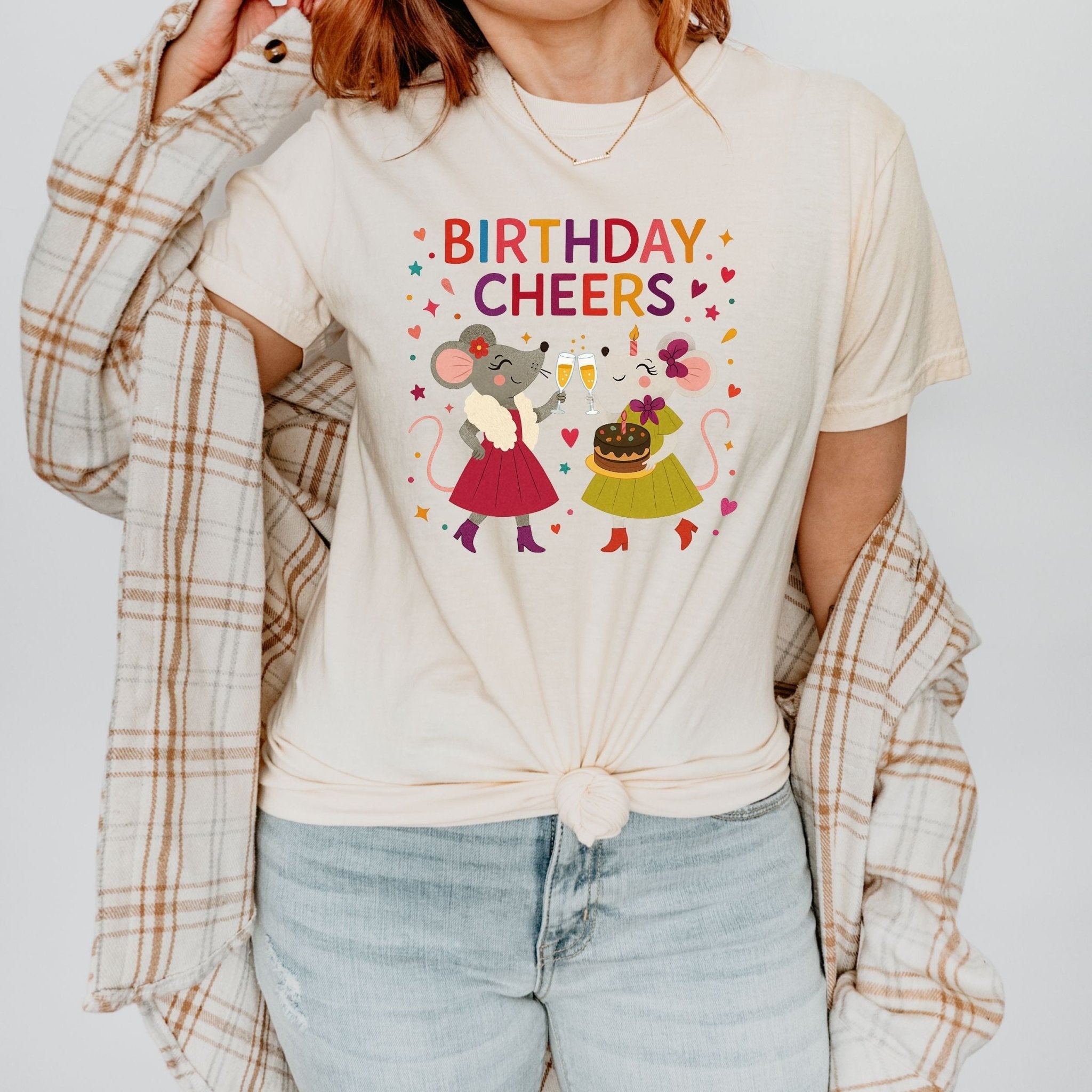 Birthday Cheers T-Shirt, Comfort Colours Lesbian Birthday Tee, Funny Mouse Couple Gift for Her, Embroidered Style Party Shirt - Craig Michael Design