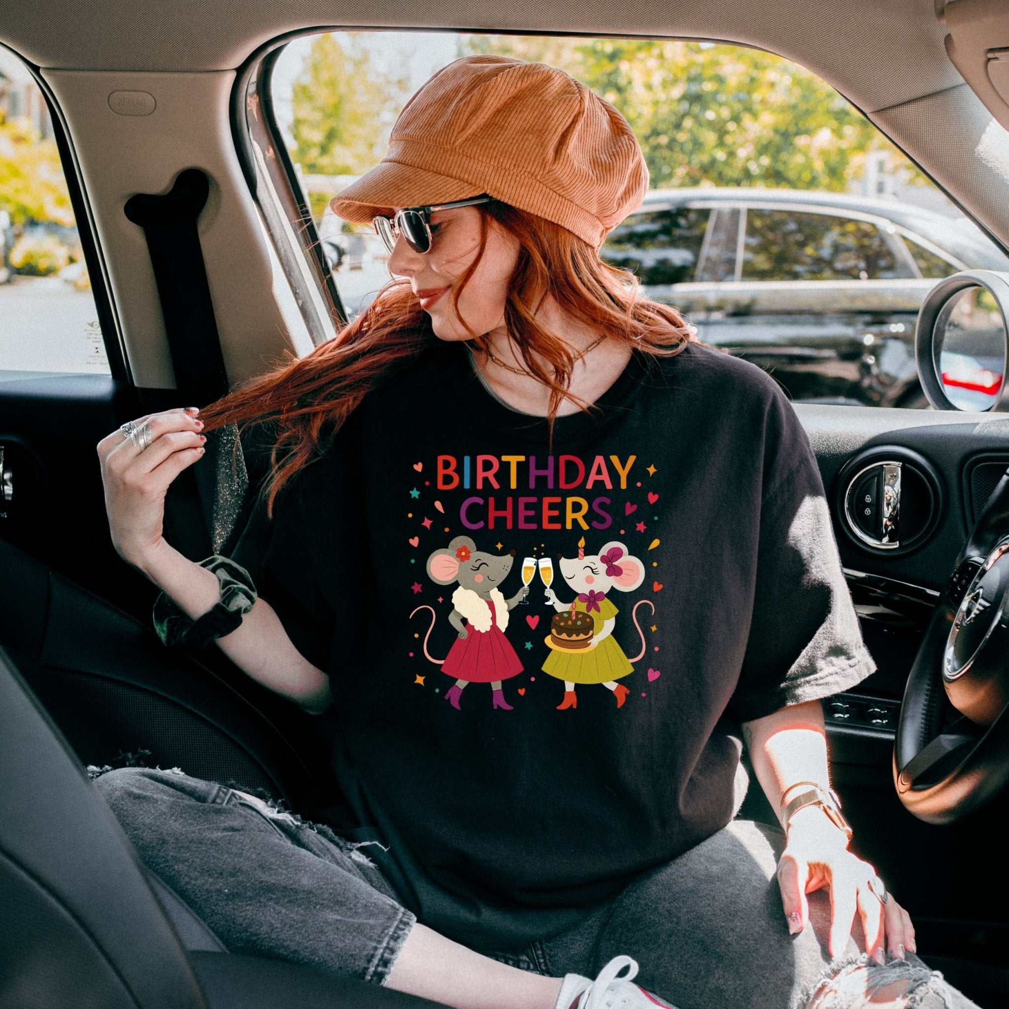 Birthday Cheers T-Shirt, Comfort Colours Lesbian Birthday Tee, Funny Mouse Couple Gift for Her, Embroidered Style Party Shirt - Craig Michael Design