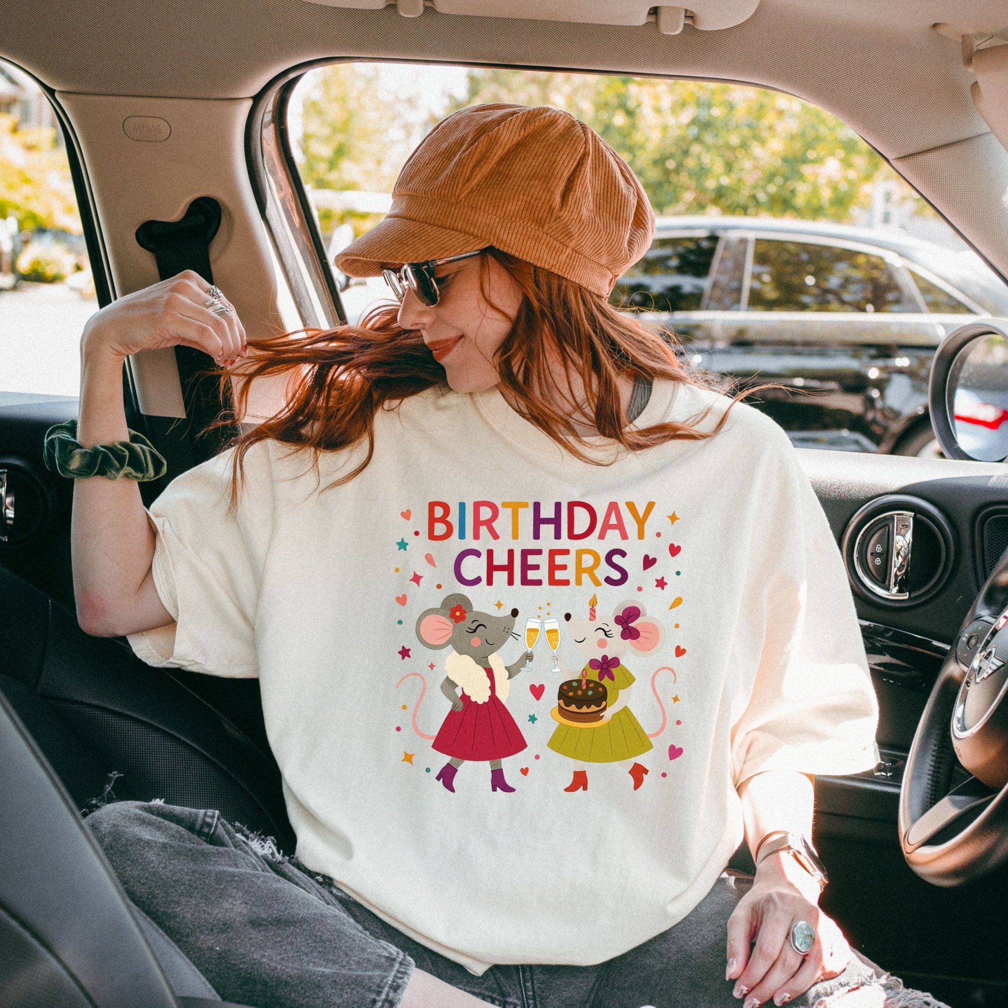Birthday Cheers T-Shirt, Comfort Colours Lesbian Birthday Tee, Funny Mouse Couple Gift for Her, Embroidered Style Party Shirt - Craig Michael Design